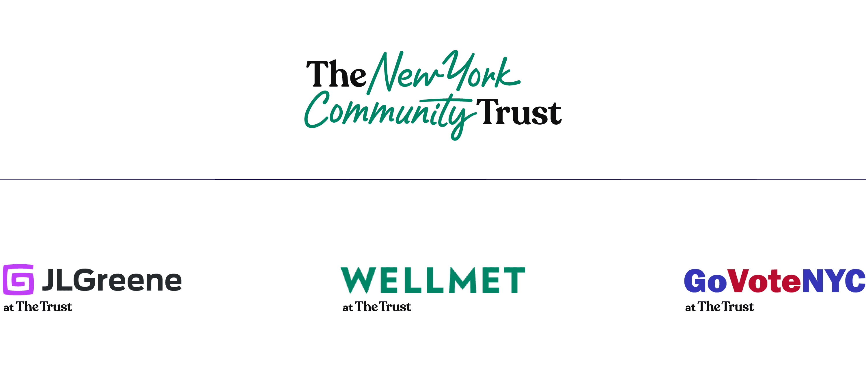 Logos for The New York Community Trust, J L Greene at The Trust, WELL MET at The Trust, and Go Vote NYC at The Trust, displayed on a white background.