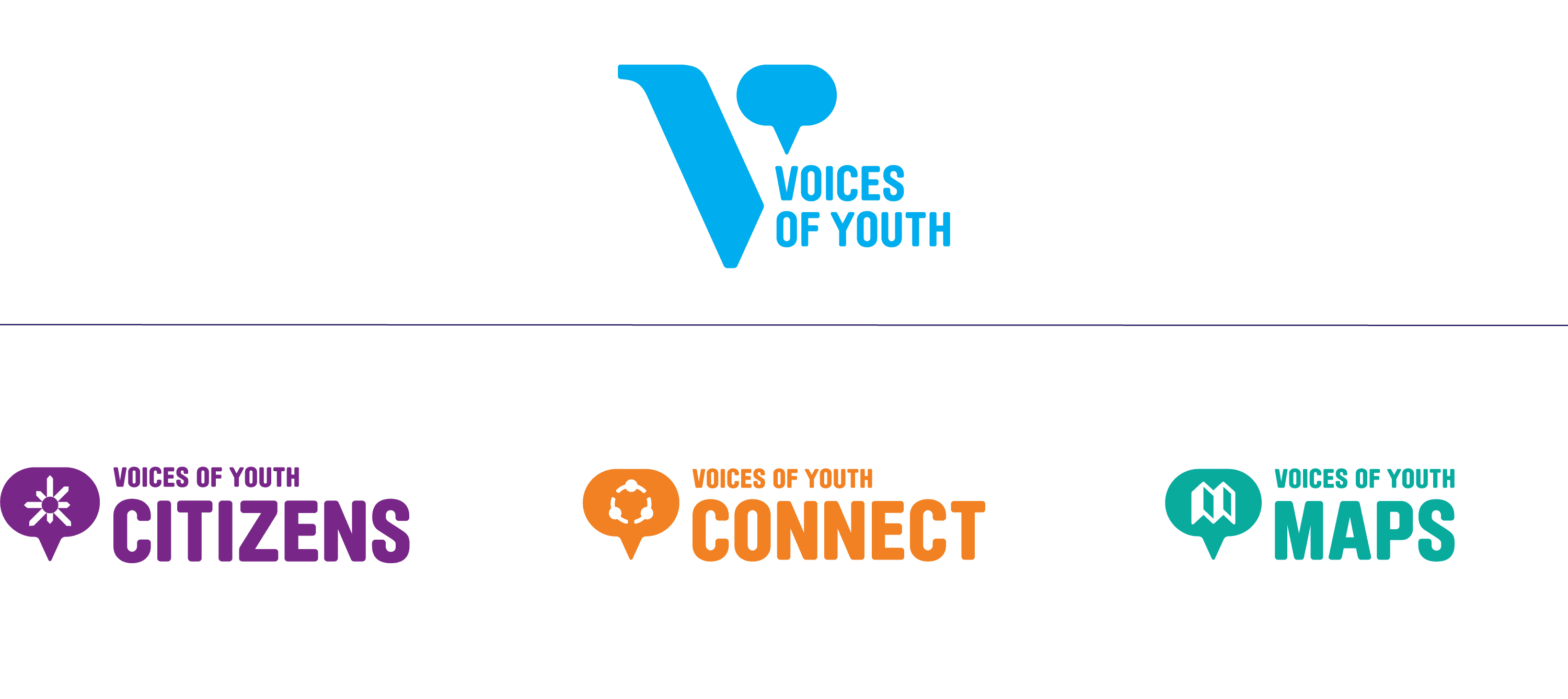 A logo for "Voices of Youth" with three sub-logos below: "Citizens" in purple with a speech bubble, "Connect" in orange with arrows, and "Maps" in teal with a map icon, each with unique symbols in speech bubbles.