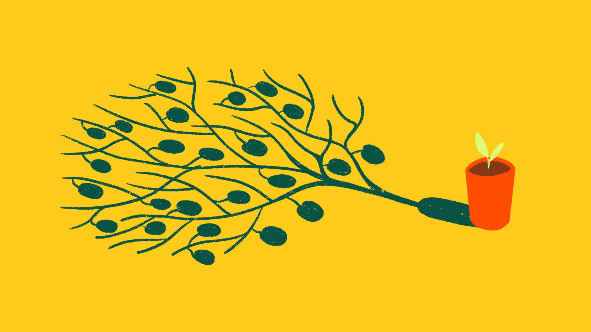 Illustration of a small potted plant with two leaves on the right side, transitioning into an extensive, intricate network of sprawling blue branches and nodes that cover most of the yellow background to the left.