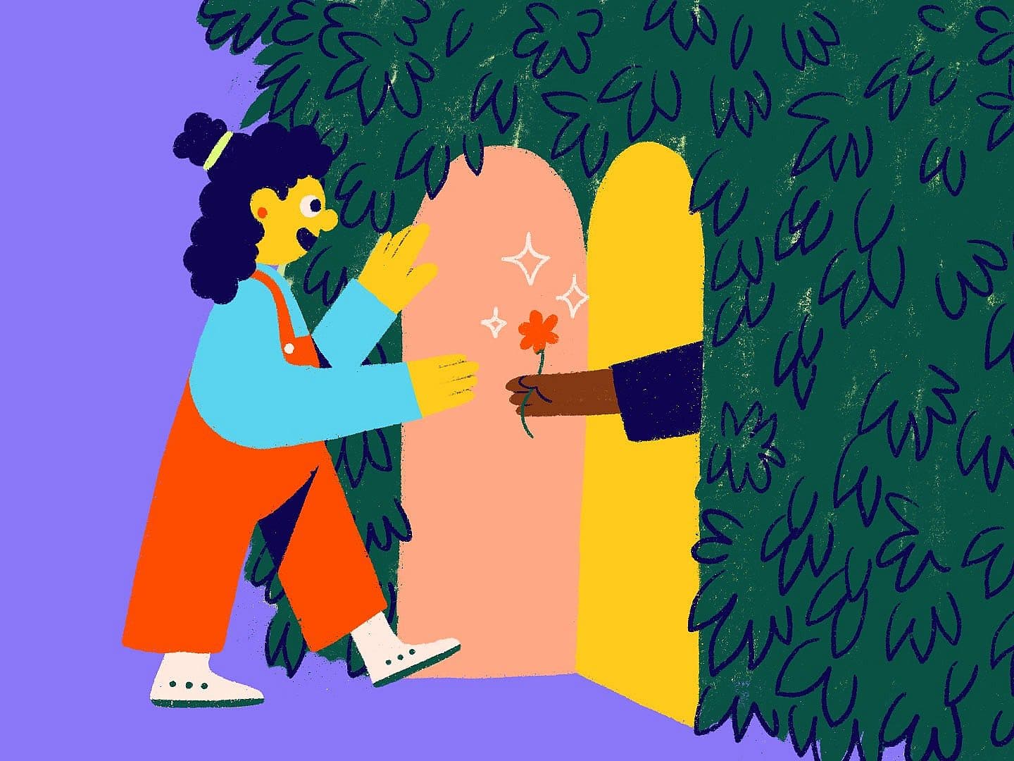Illustration of a person with dark curly hair wearing red overalls and a blue shirt, walking towards an arched doorway covered in greenery. A hand emerging from the doorway holds a red flower, and the person enthusiastically reaches out to receive it.