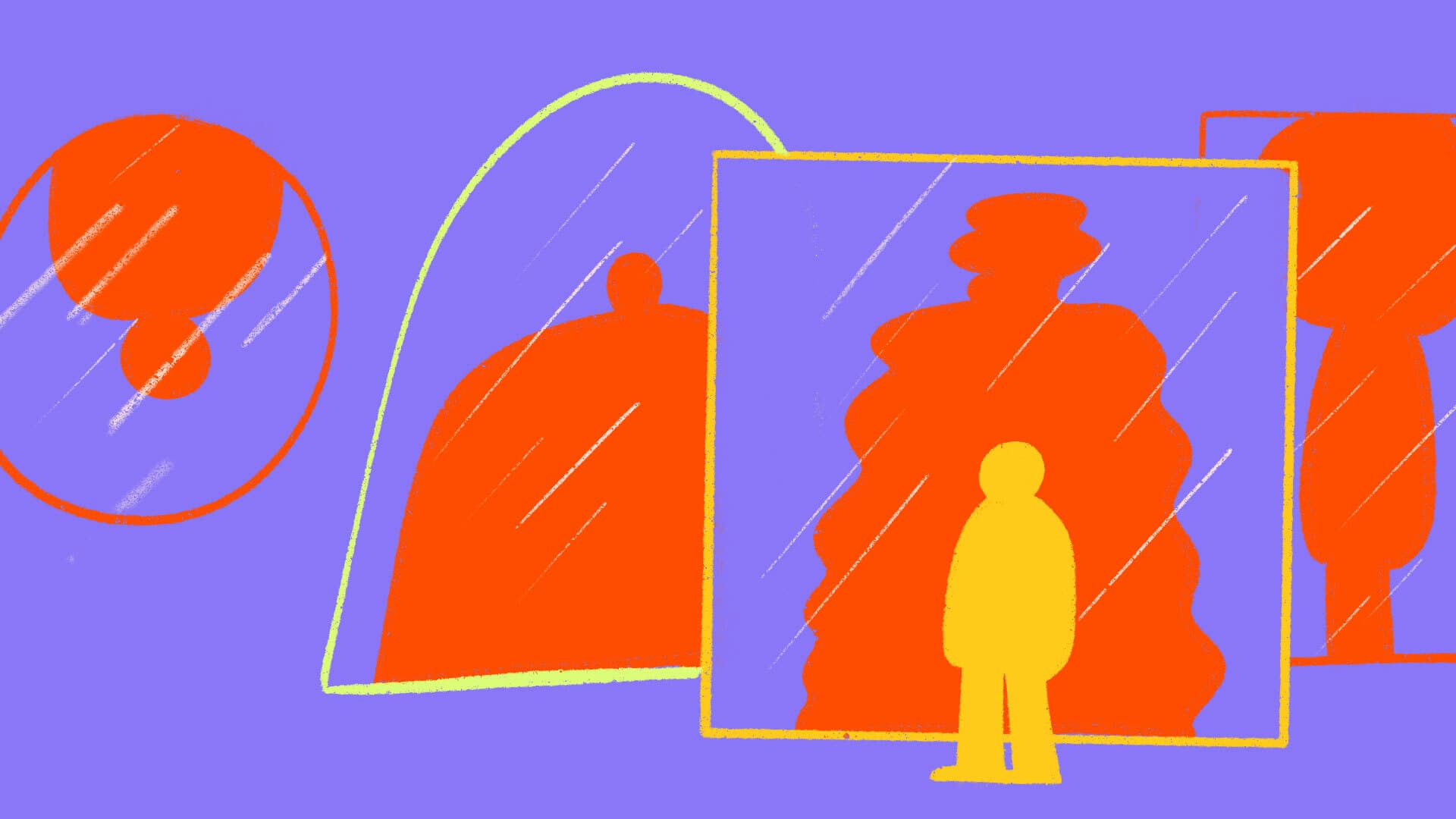 An illustration of a person standing in front of various mirrors, each reflecting distorted versions of their shape. The background is purple, while the mirrors and reflections are outlined in bright colors such as orange, yellow, and green.