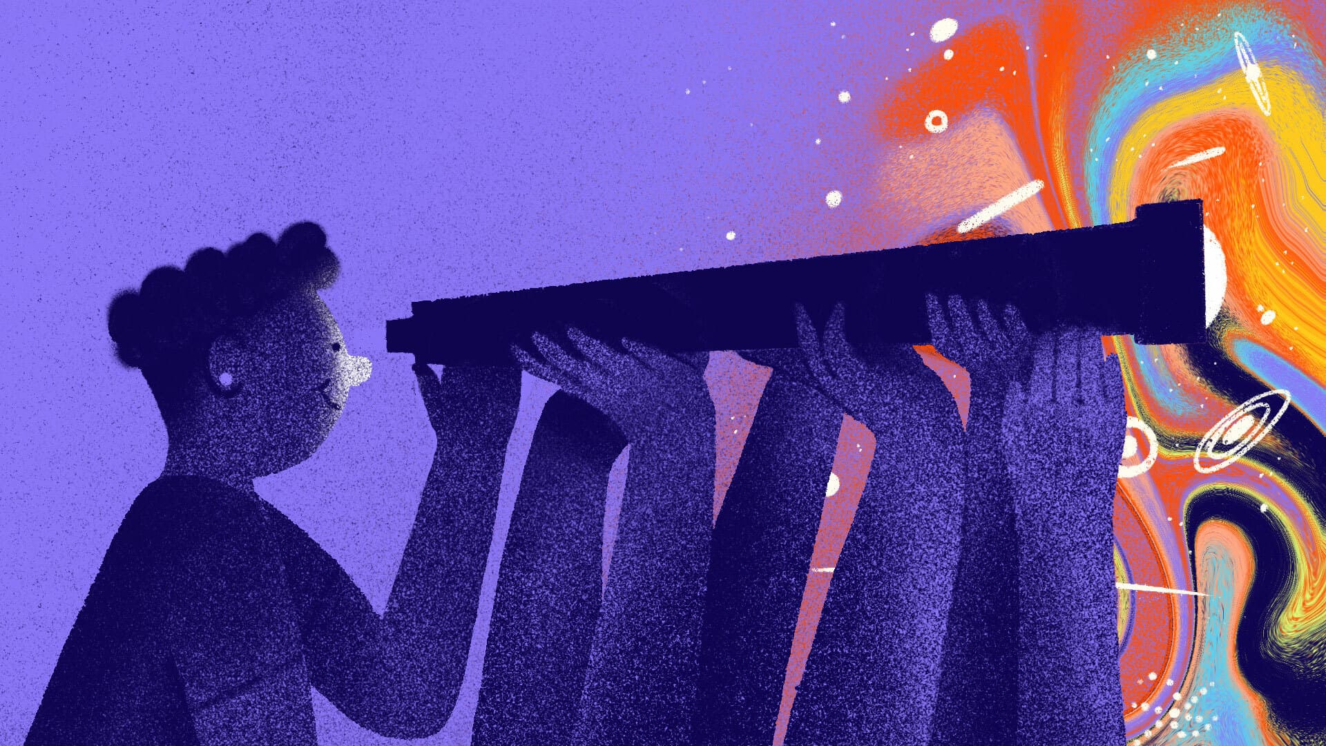 Illustration of a person holding a long telescope, which is supported by several hands. The telescope is pointed toward a vibrant, colorful swirl that represents cosmic or abstract phenomena. The background is a mix of purple and blue hues.