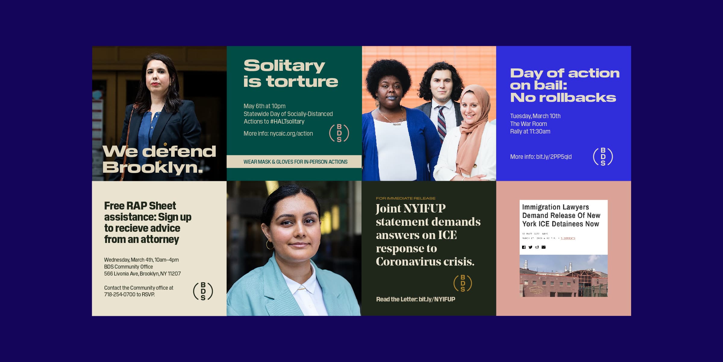 A collage of images and text with a muted color palette. The top row includes three panels with images of people and text advocating against solitary confinement and for bail reform. The bottom row features panels with information on legal assistance and responses to COVID-19.