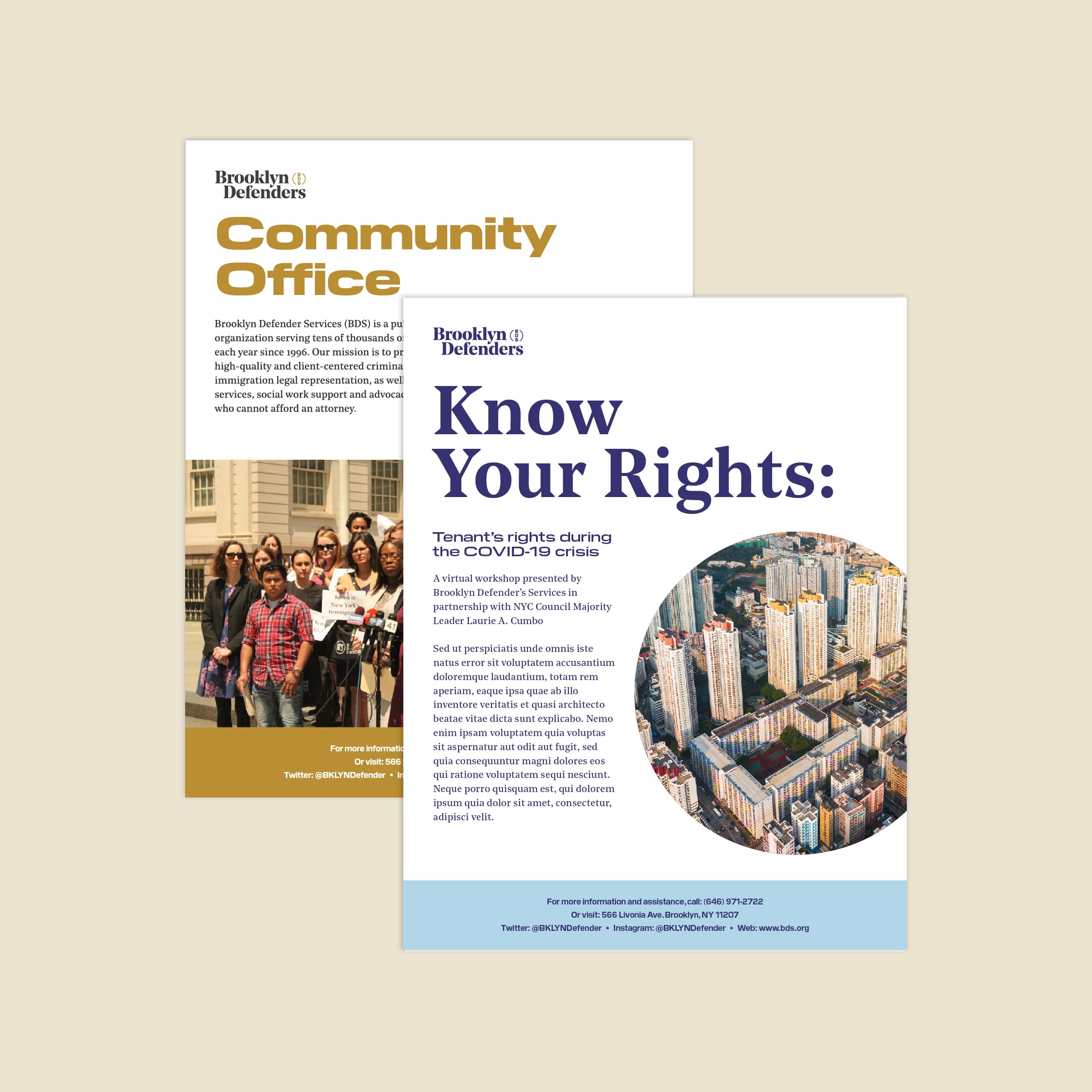 Two informational flyers from Brooklyn Defender Services. The first flyer, titled "Community Office," provides details about legal assistance and a photo of a diverse group of people. The second flyer, titled "Know Your Rights: Tenant's rights during the COVID-19 Crisis," includes information on tenants' rights and a cityscape image.