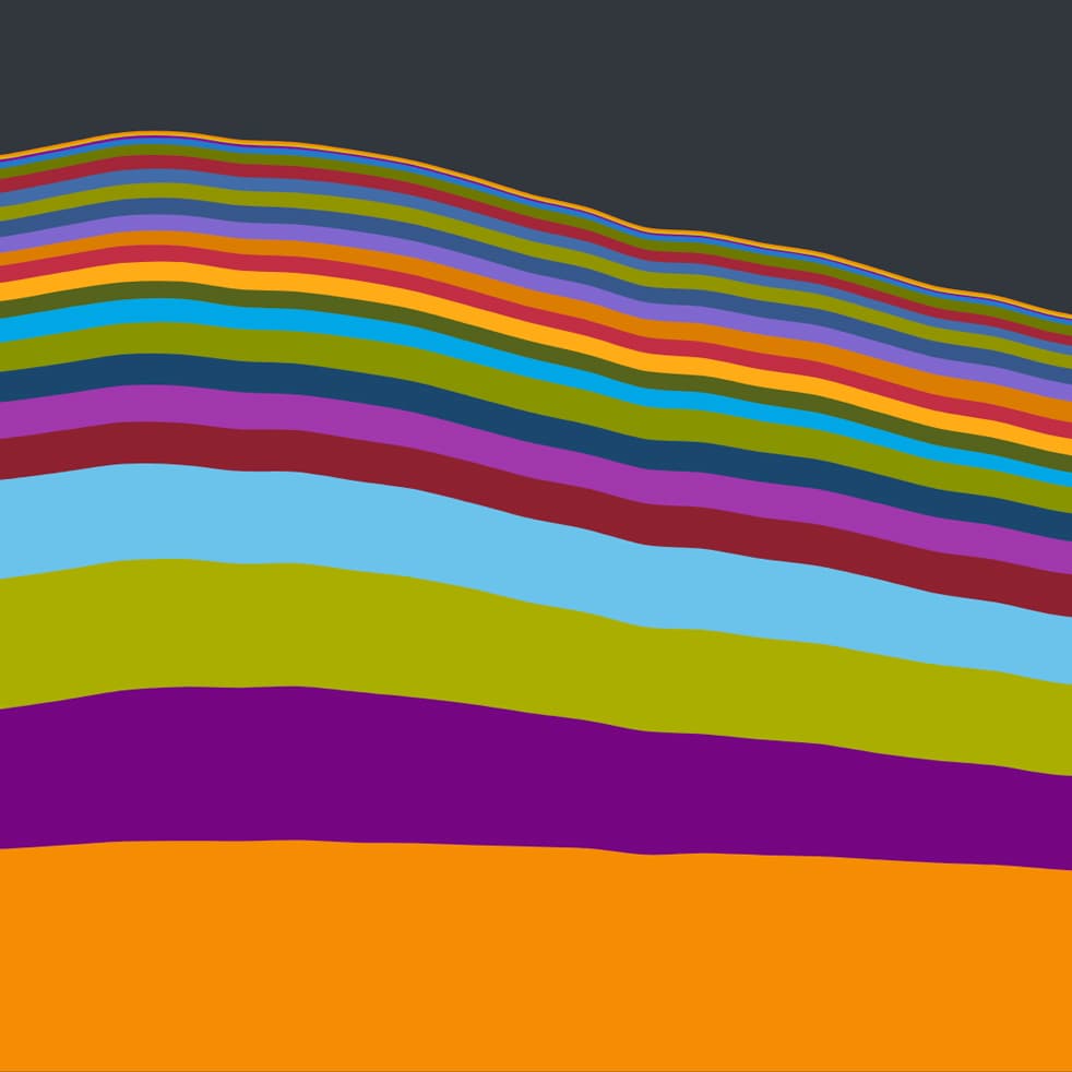 A colorful abstract design featuring undulating horizontal stripes in shades of orange, yellow, purple, blue, green, pink, and red, set against a dark gray background. The stripes vary in width and create a layered, wave-like effect.