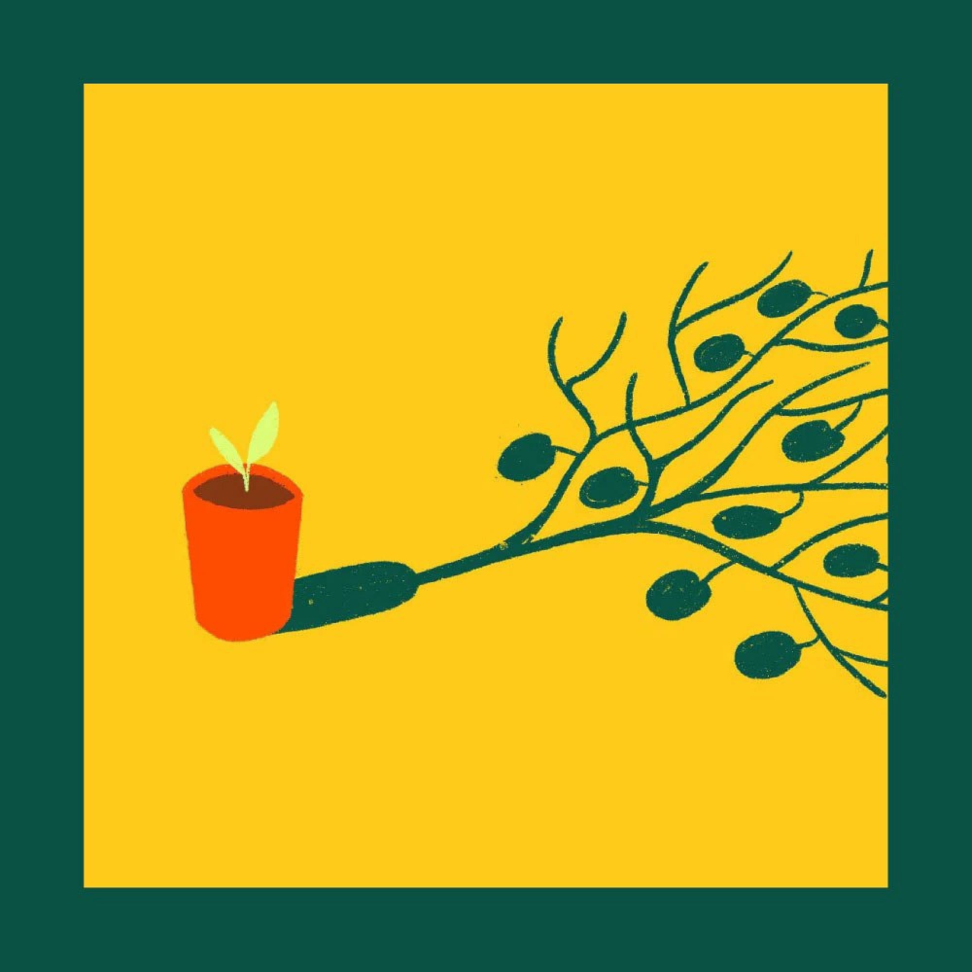 A small potted plant casts a shadow shaped like a large, leafy tree with branches and many round fruits on a bright yellow background, framed by a thick green border.