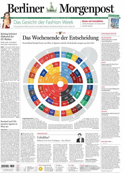Front page of Berliner Morgenpost showcasing weekend decision for sports event. Central circular graphic features various countries in blue, red, and yellow segments. Headlines and articles surround the graphic with images of individuals, text, and advertisements.