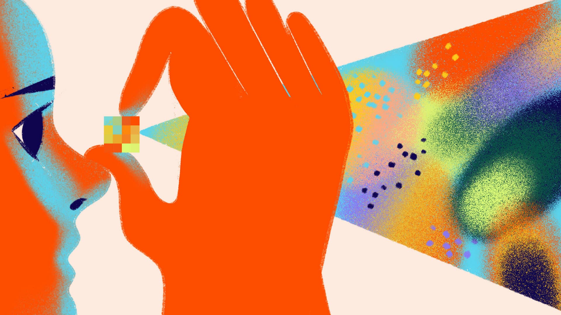 An abstract illustration of a person holding a tiny pixelated object close to their eye with an orange hand. The object releases a colorful, speckled beam of light. The person, shown in close-up, appears to be examining the object intently.