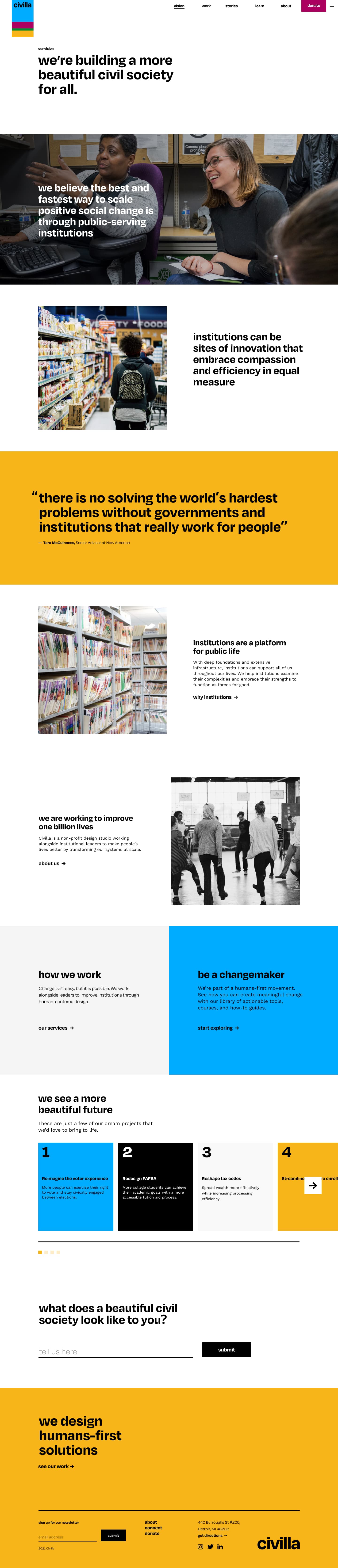 A webpage layout for 2023 Civil Society Futures displaying a colorful and modern design. Features include a header, various sections with images of people interacting, text blocks on organizing, educational equity, and system navigation, and a footer with contact details.