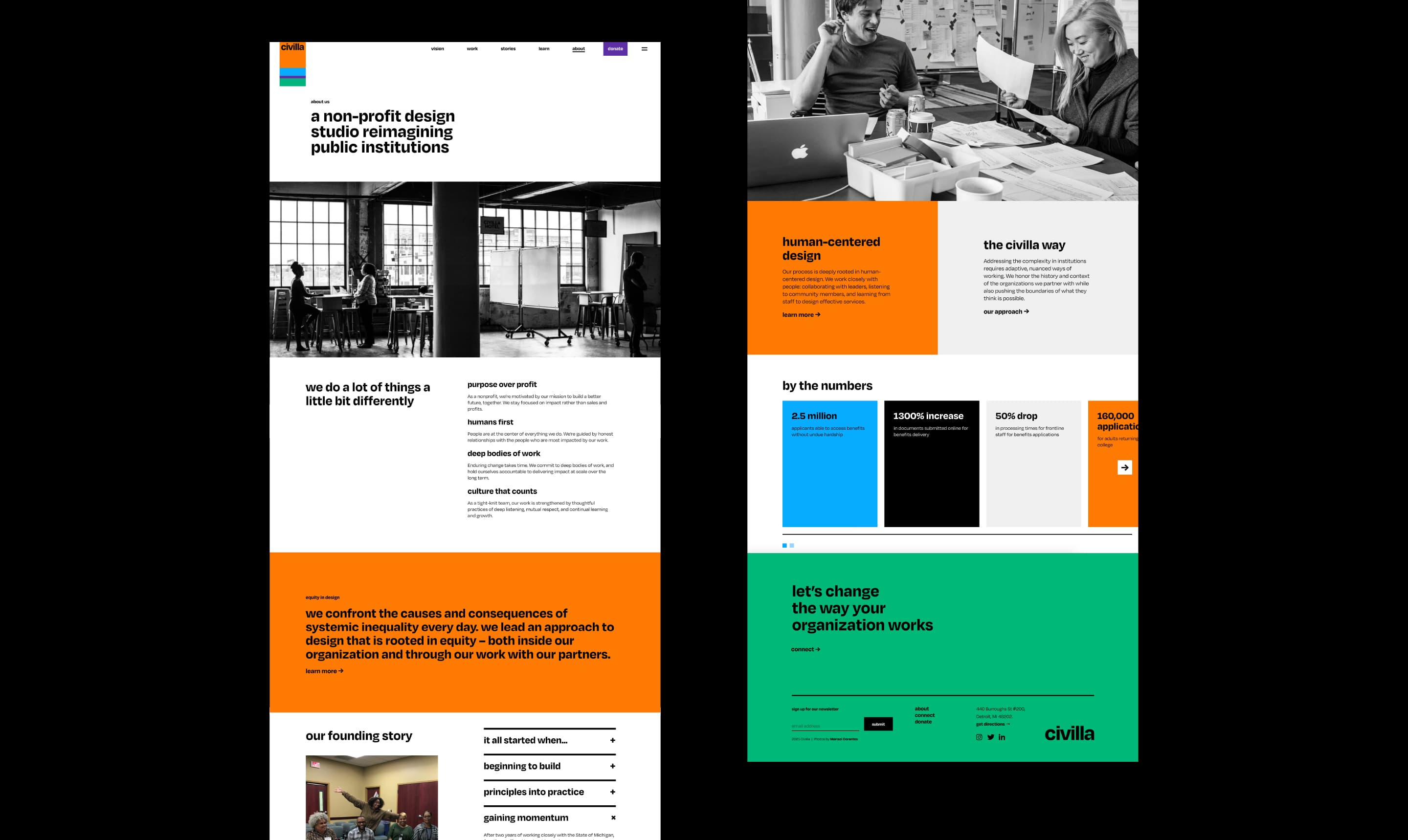 Screenshot of a website for a non-profit design studio. The homepage features a modern, clean design with sections on their mission to reimagine public institutions, human-centered design, impact statistics, and their story. Images of people working are shown.