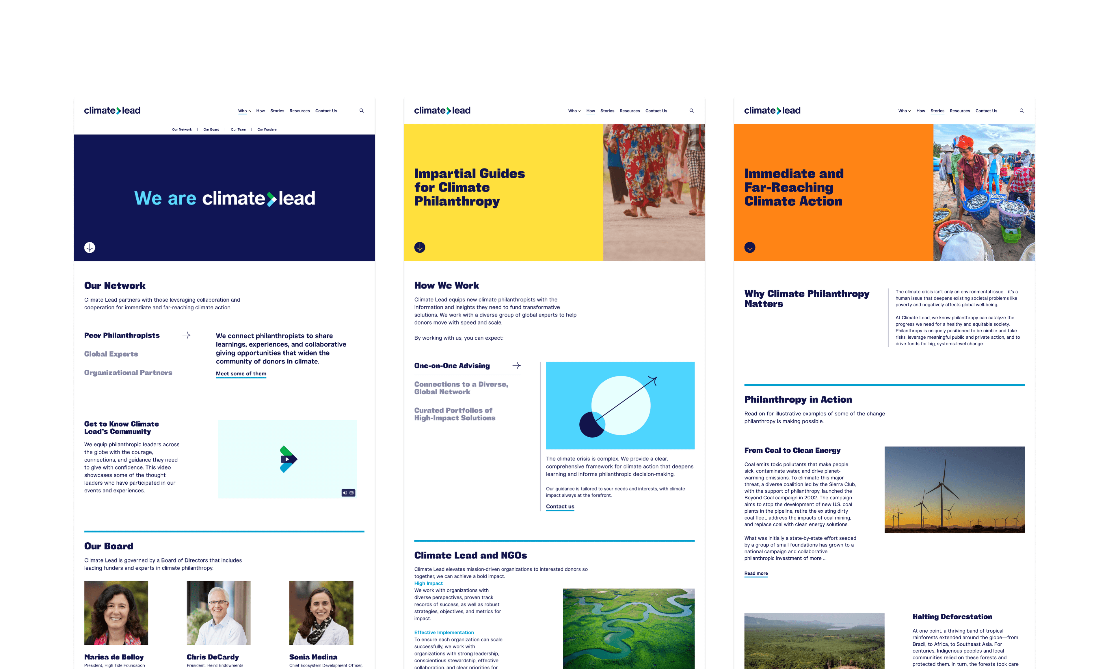 Screenshot of the Climate and Philanthropy website displaying their homepage. The webpage is divided into three segments showcasing sections on climate philanthropy guides, their network and strategic partners, climate actions and impact stories, with related images.