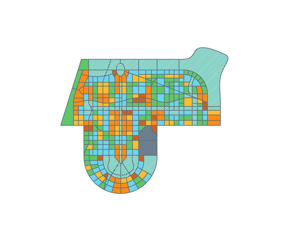 A colorful, abstract map of a planned urban area on a white background, featuring various geometric shapes and zones in green, orange, blue, and gray. The map includes a semicircular section at the bottom and a combination of grid-like and irregular patterns throughout.
