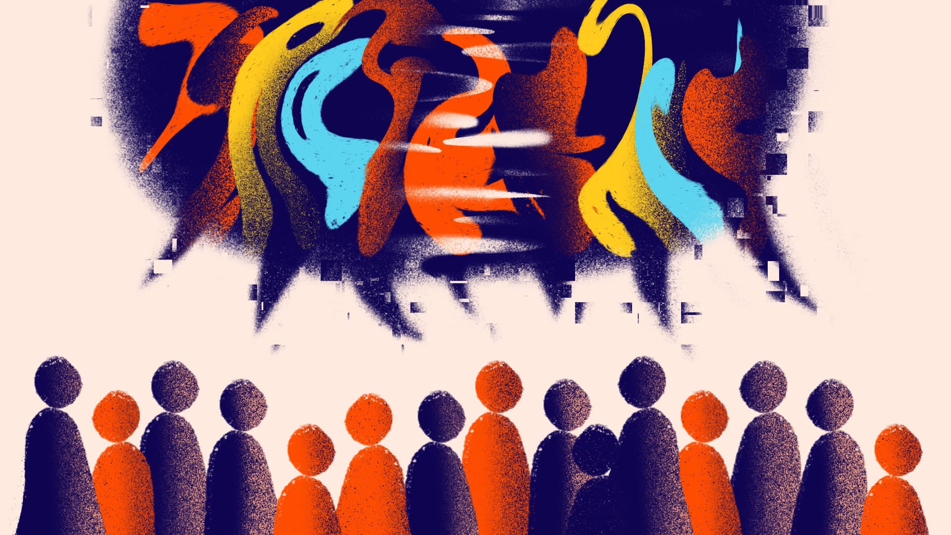 A group of simplistic, abstract human figures in orange and navy blue stand together, facing a chaotic blend of swirling, multicolored shapes in red, orange, blue, and yellow on a light background. The scene suggests a sense of disorder and collective observation.