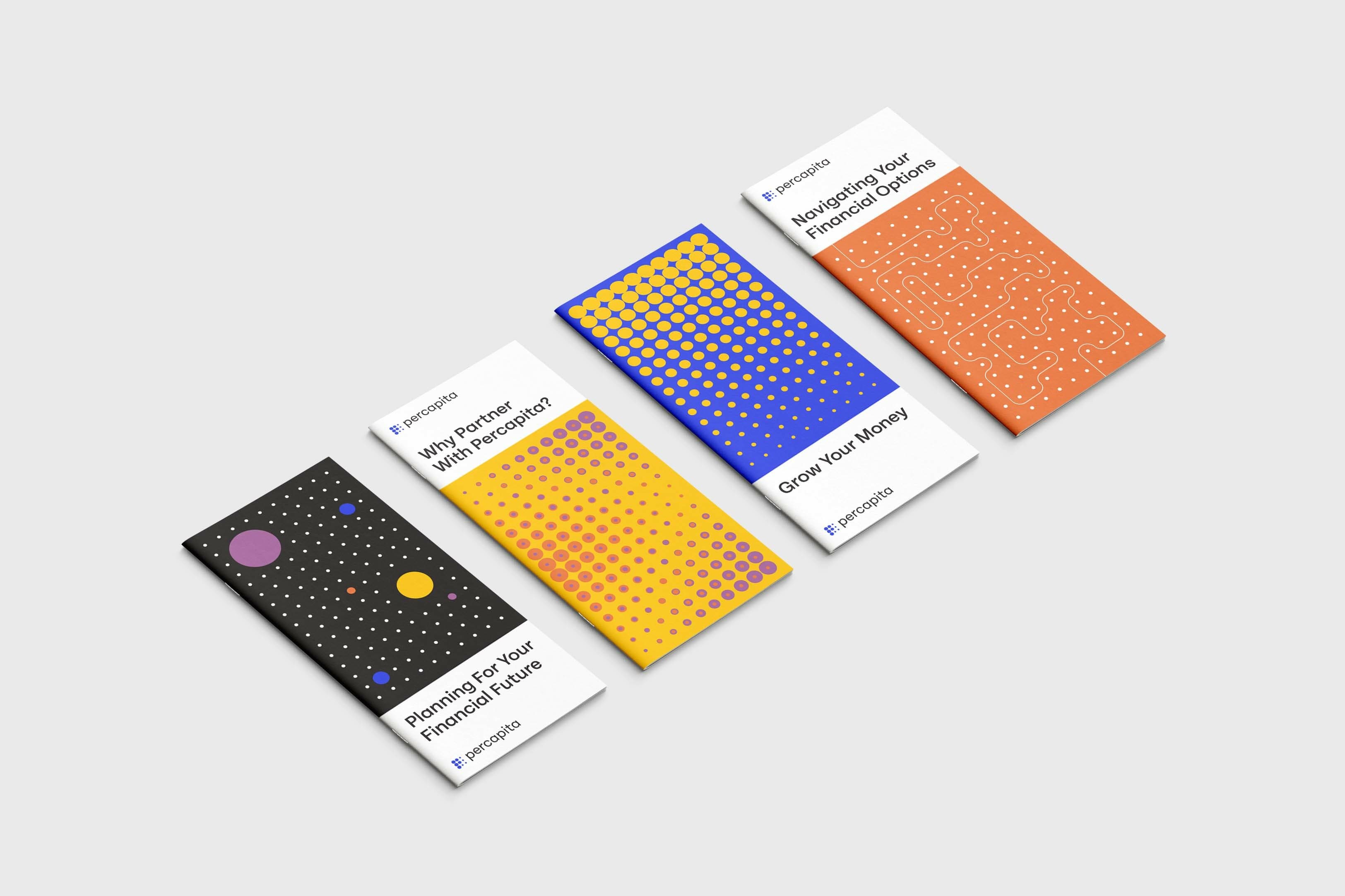 Four pamphlets with colorful covers are arranged on a flat surface. They are labeled: "Planning For Your Financial Future?", "Why Planning Is Important?", "Grow Your Money!", and "Mapping Your Financial Goals." The pamphlets feature dotted and geometric designs.