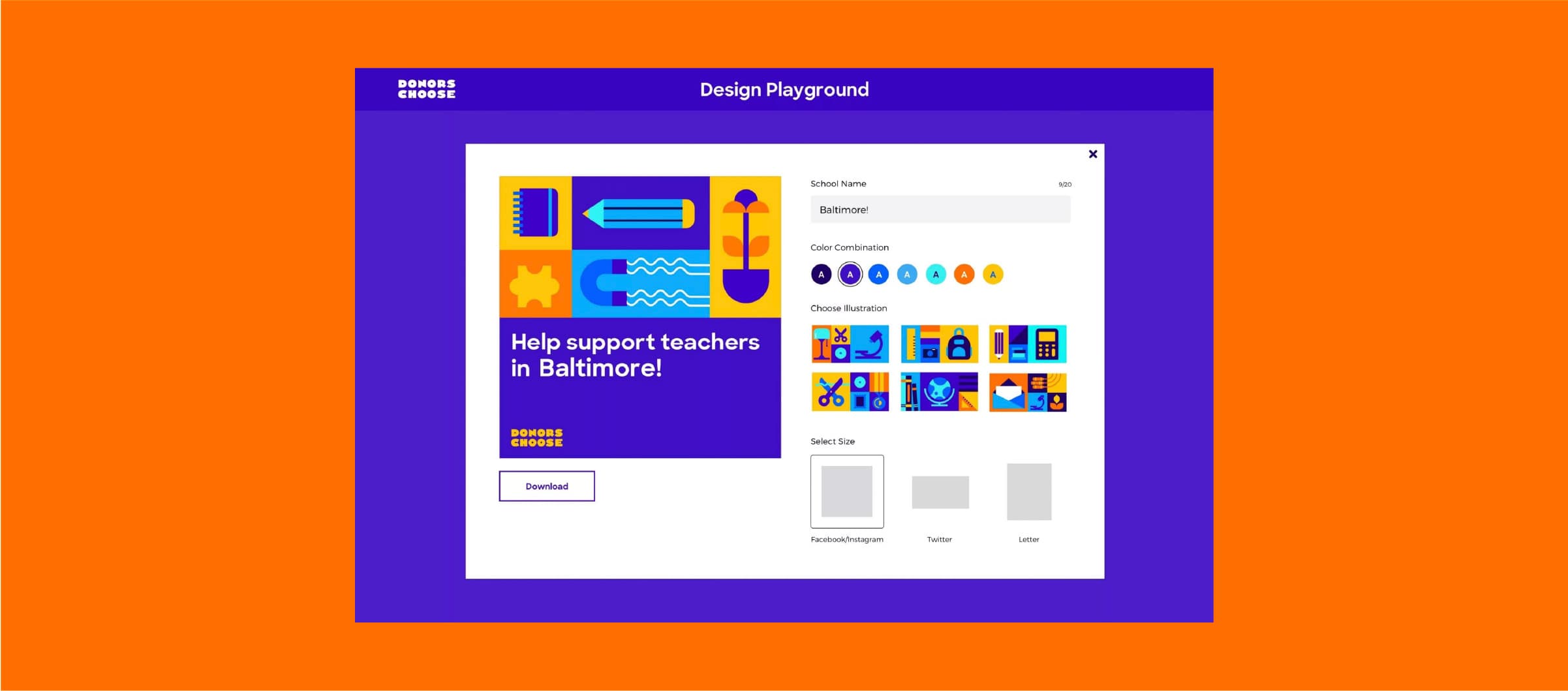 A website interface titled "Design Playground" features a bright design with blue, orange, and yellow graphics on the left side and various customization options on the right. A button labeled "Download" is at the bottom-left corner. The background is orange.