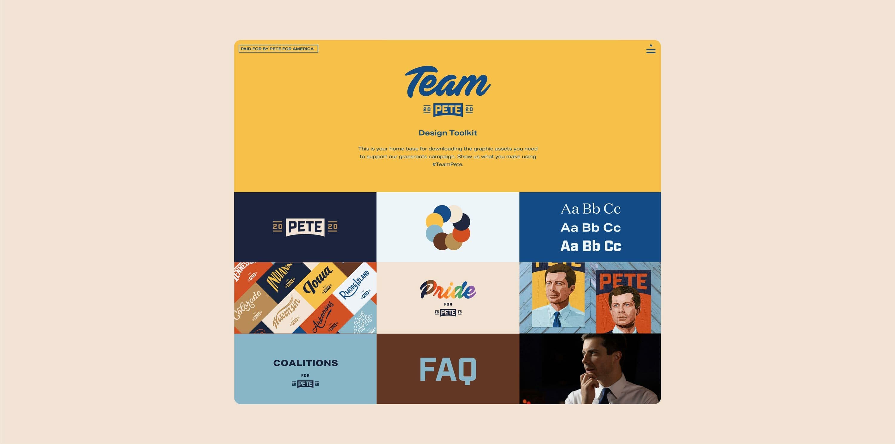 A webpage designed for Team Pete's design toolkit, featuring instructions, a color palette, fonts, and various design elements. The layout includes blocks with text, images of Pete, a question mark icon for FAQs, and sections labeled for coalitions and pride.