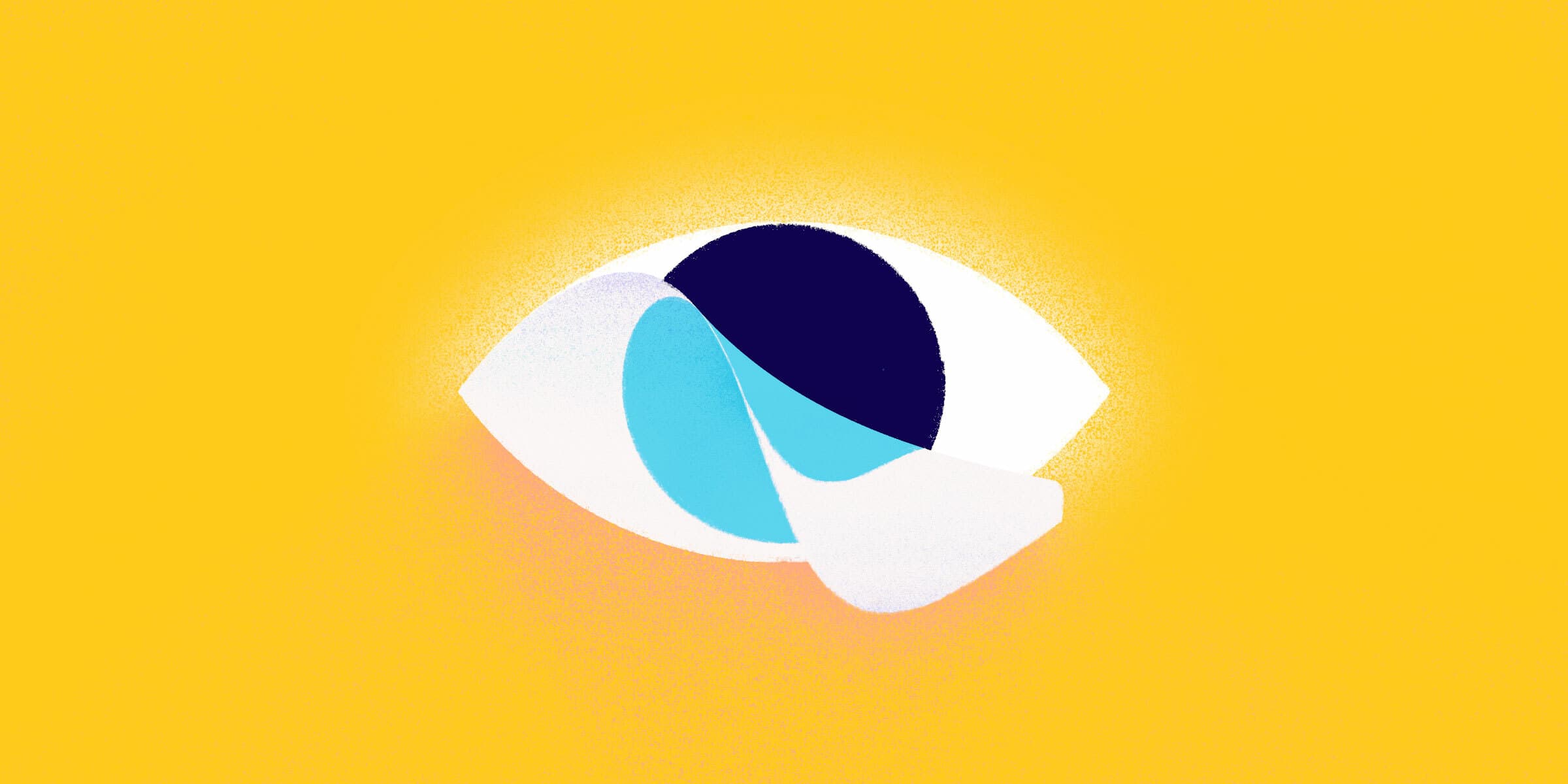 Illustration of an eye on a bright yellow background. The eye is depicted in minimalist style, with a white outline, a central black iris, and layered shades of blue suggesting the shape of the eye. The design has a modern, abstract feel.
