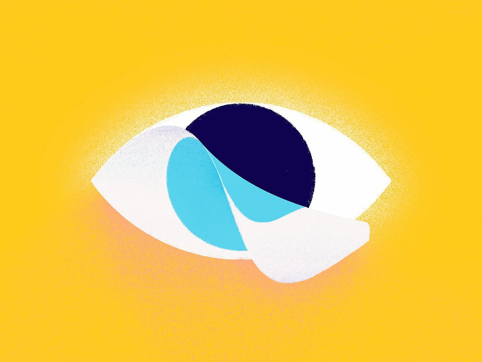 Illustration of an eye on a bright yellow background. The eye is depicted in minimalist style, with a white outline, a central black iris, and layered shades of blue suggesting the shape of the eye. The design has a modern, abstract feel.