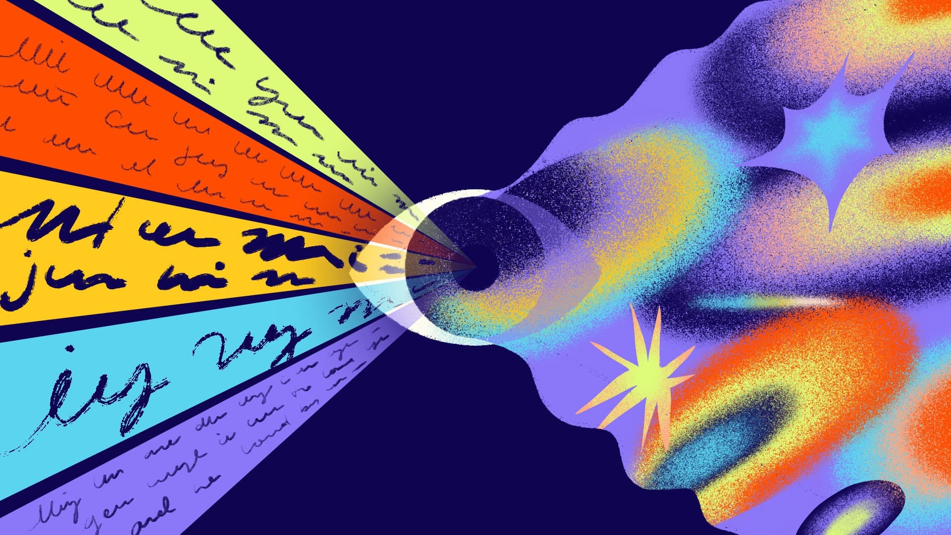 Abstract illustration of colorful rays with handwritten text converging into a black circle, which then bursts into vibrant, swirling, and star-like shapes on a dark blue background.