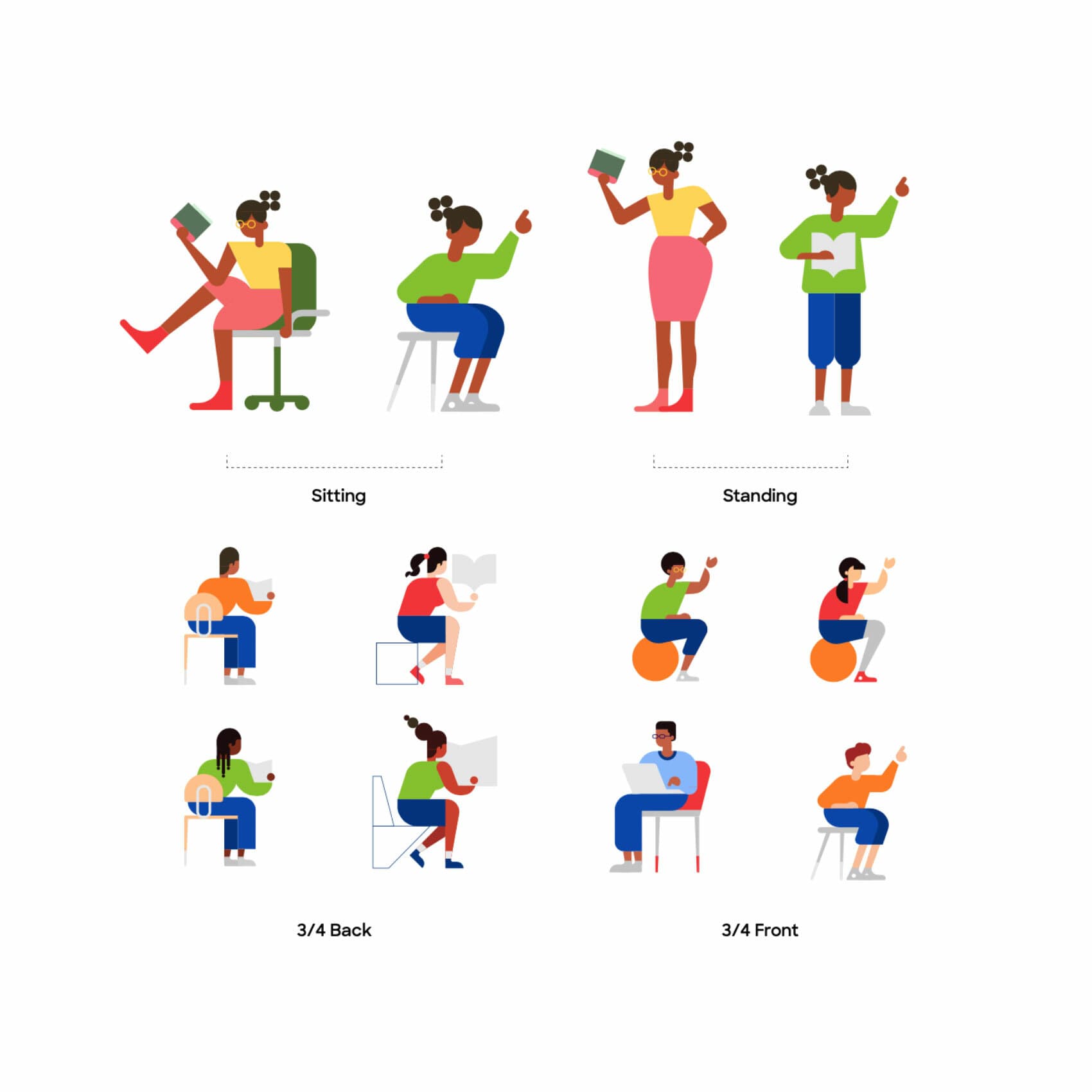 Illustration of diverse people in different positions: sitting, standing, 3/4 back, and 3/4 front. Activities include reading, working on a laptop, sitting on a chair or exercise ball, and raising hands. The vibrant colors and varied postures convey dynamic and active scenarios.
