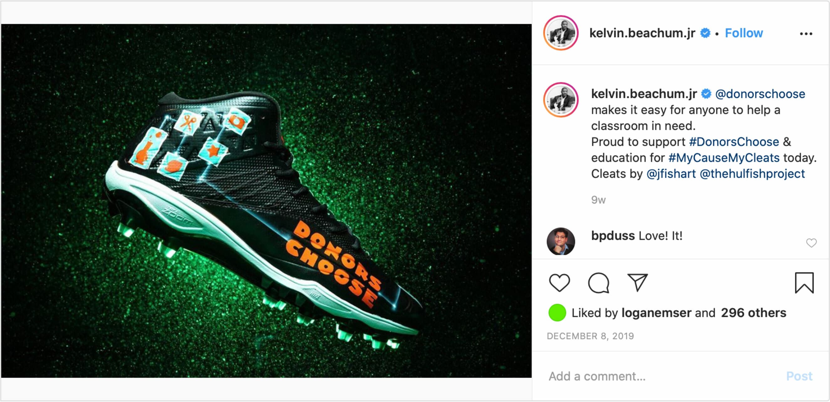 A black football cleat with green soles is displayed against a green glittery background. The cleat is decorated with colorful icons including books and pencils, and the words "DONORS CHOOSE" are written in orange on its side. Instagram post by kelvin.beachum.jr.