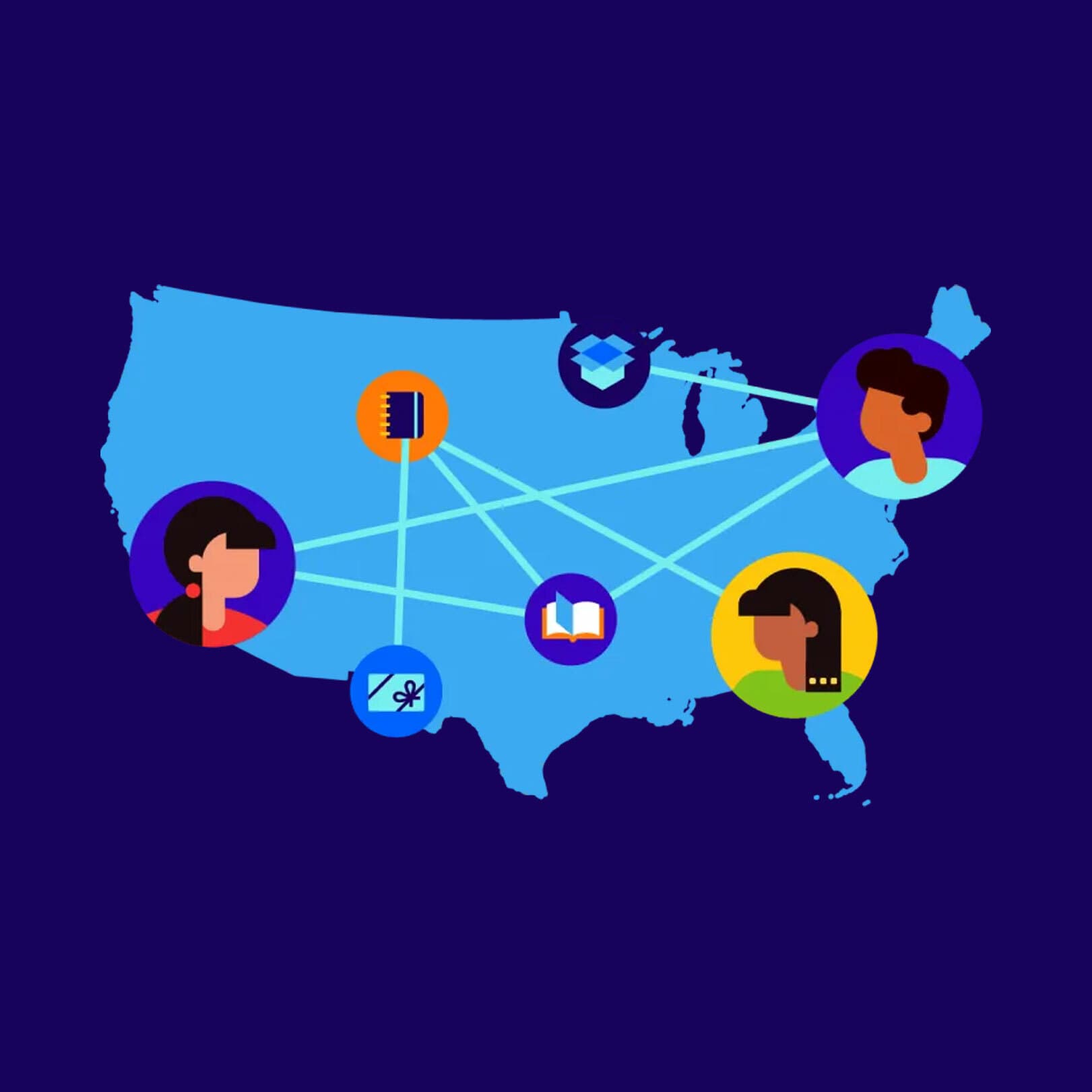 A blue map of the United States against a dark background, with illustrated diverse faces, icons of a book, globe, and communication lines connecting different locations. The image represents nationwide connectivity and the exchange of information and ideas.