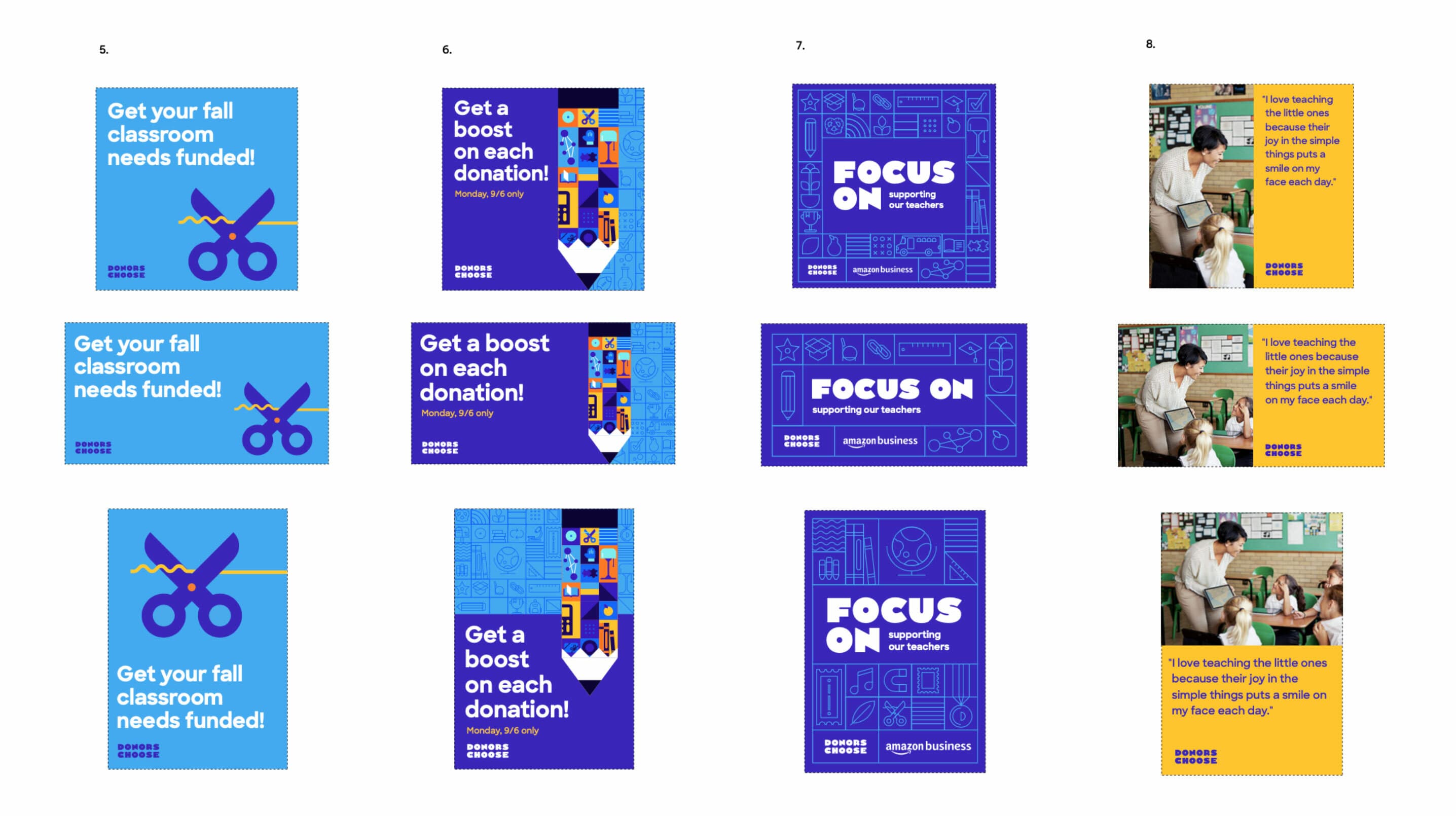 A grid of nine images showcasing educational and fundraising-themed graphics. The first eight images contain text about classroom funding, donation boosts, and business support with colorful designs. The ninth image shows two people discussing, alongside a quote about teaching's value.