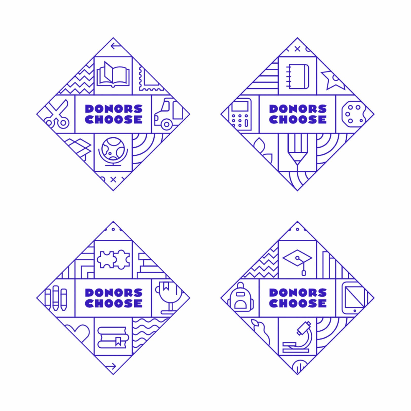 Four square icons with a blue outline, each featuring the text "Donors Choose" in the center. Surrounding the text are various educational symbols, including books, calculators, backpacks, microscopes, graduation caps, and art supplies.