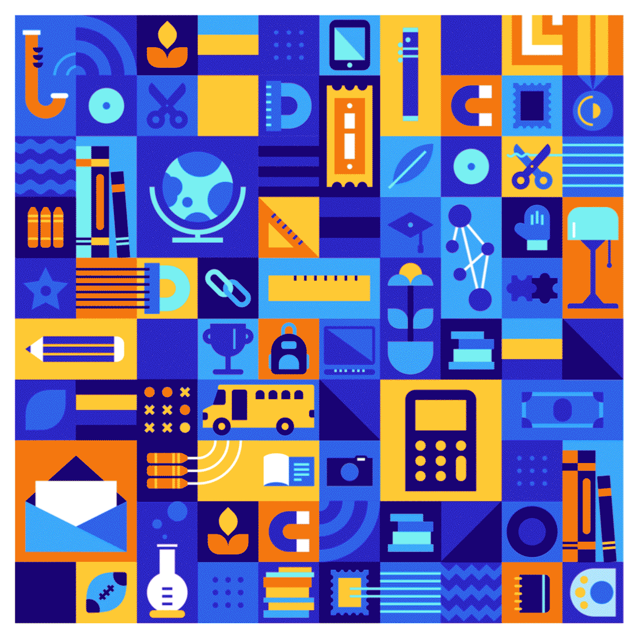 A colorful illustration comprised of geometric shapes and various objects related to education. Items include a book, a pencil, scissors, a ruler, a calculator, a school bus, and a microscope. The colors primarily used are blue, orange, and yellow.