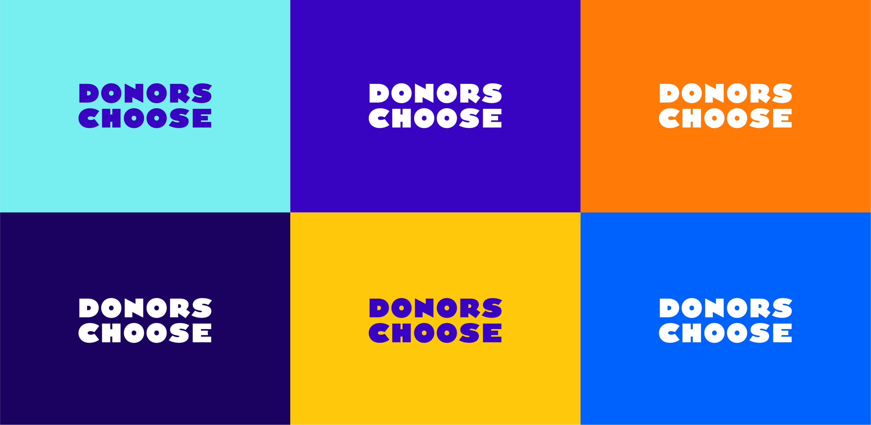 A 3x2 grid features the words "Donors Choose" in bold white letters. Each segment has a different colored background: light blue, purple, orange, dark blue, yellow, and bright blue.