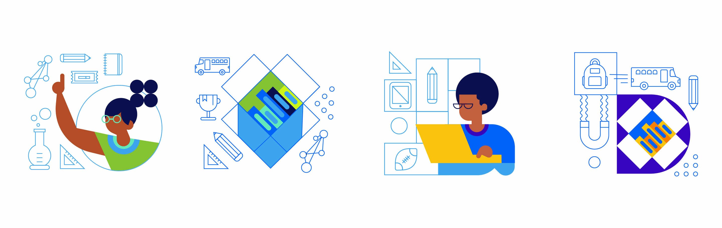 A colorful illustration features three sections: a girl in glasses interacting with various educational icons, a central diamond with bar charts and school-related symbols, and a boy using a laptop surrounded by similar educational imagery.