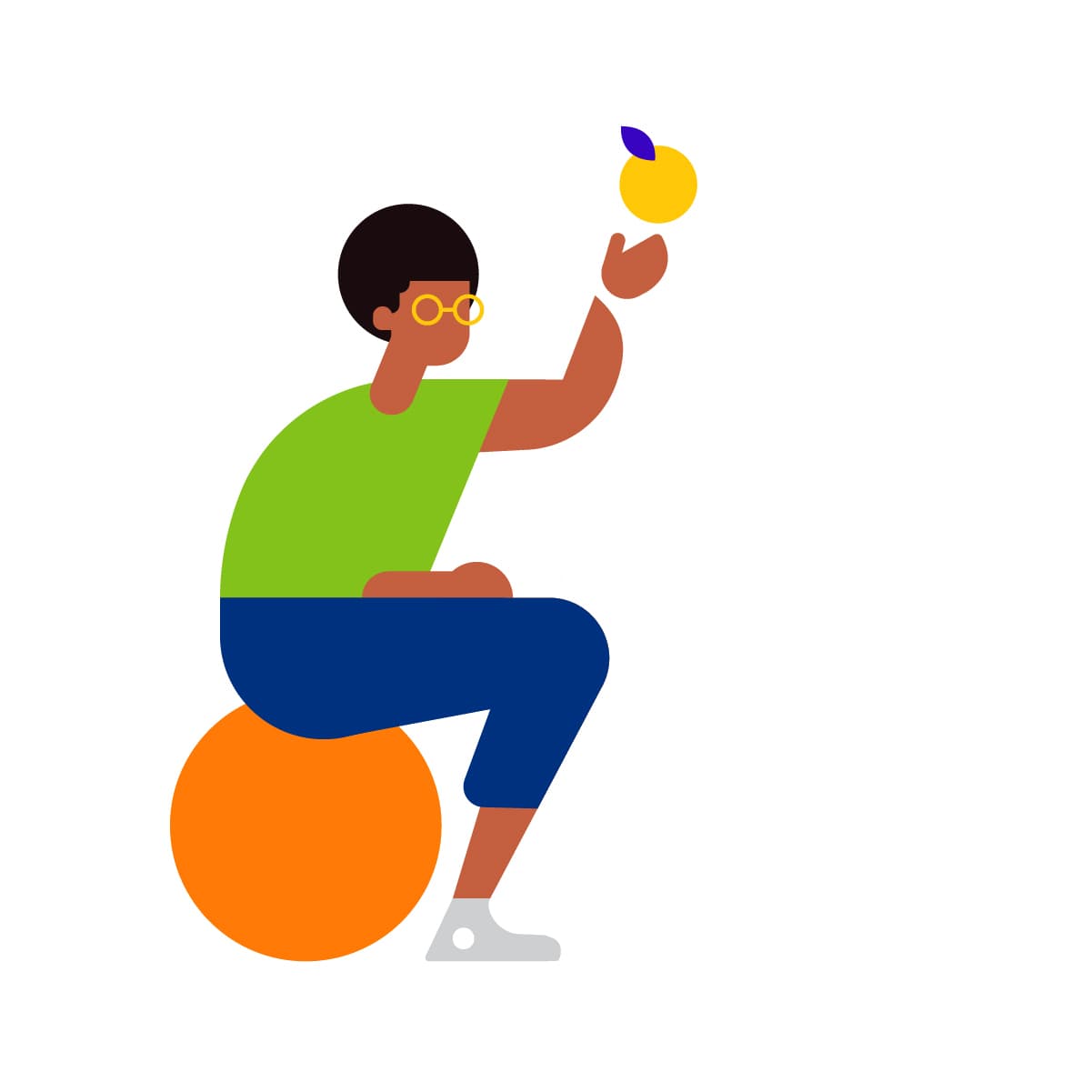 Illustration of a person with short black hair and glasses, wearing a green shirt, blue pants, and gray shoes. They are sitting on an orange exercise ball and holding a small yellow object with a blue leaf above their head. The background is white.