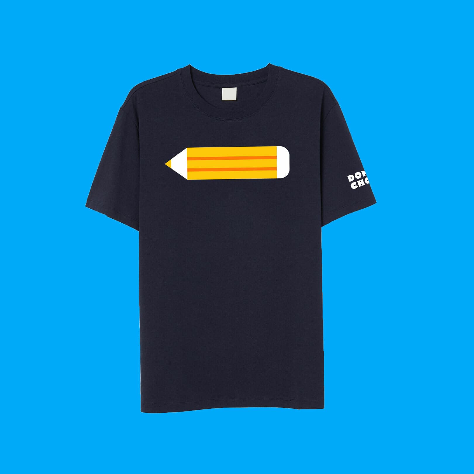 A navy blue T-shirt featuring a graphic of a yellow pencil with red and white accents across the chest. The phrase "Don't Check" is printed in white on the left sleeve. The shirt is displayed against a bright blue background.
