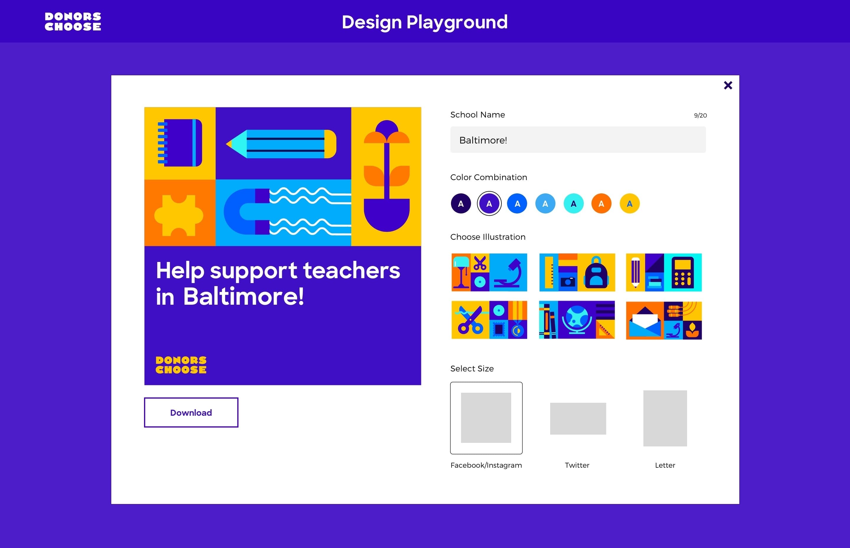 A design playground interface for DonorsChoose is displayed. It has options to input a school name, set color combinations, choose illustrations featuring educational themes, and select size outputs for social media or letter formats. A "Download" button is visible.