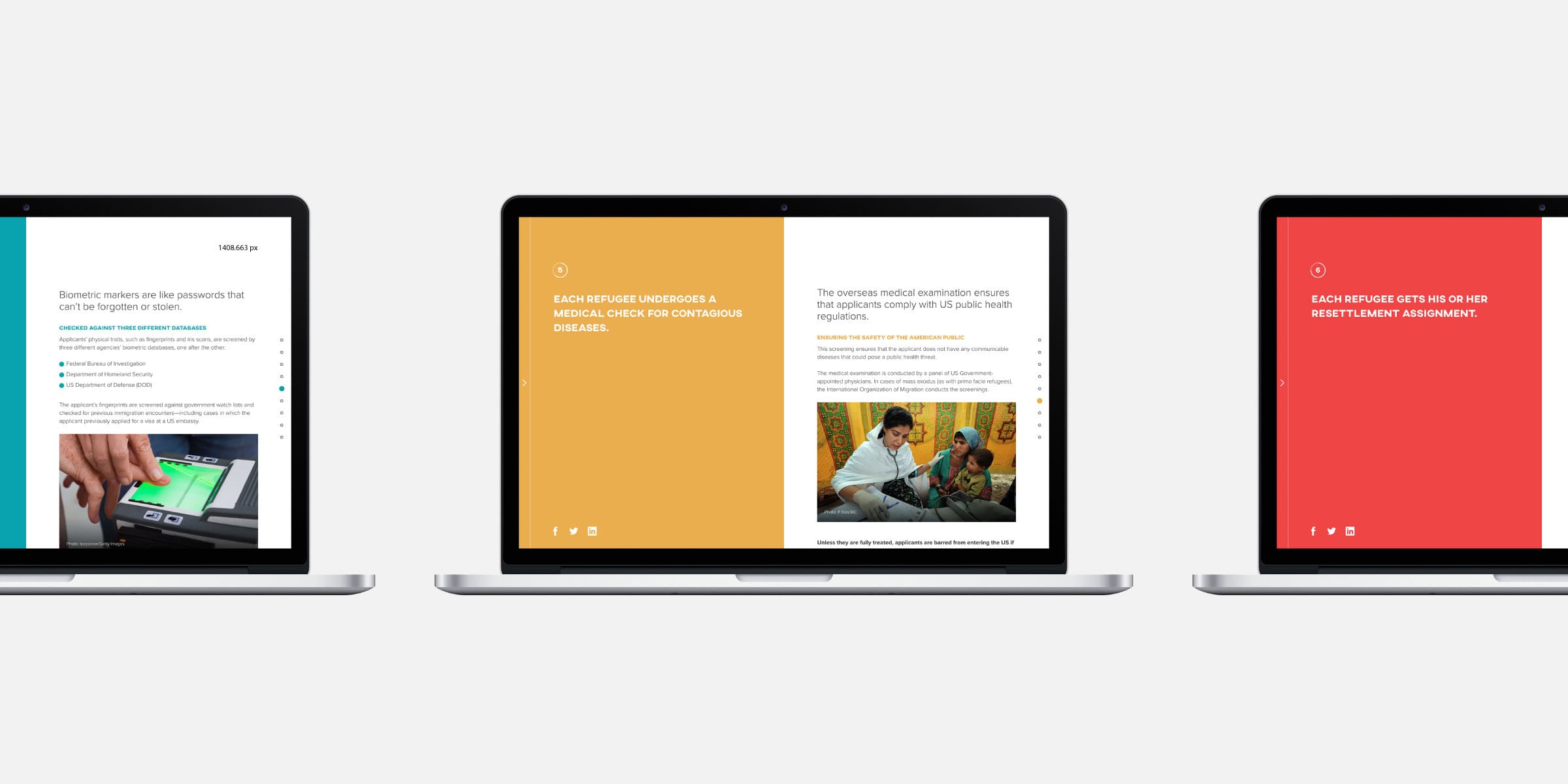 Three laptops displaying different screens. The first laptop shows a close-up of a person using a device. The second laptop displays a yellow background with text and an image of a child with a doctor. The third laptop shows a red background with text.