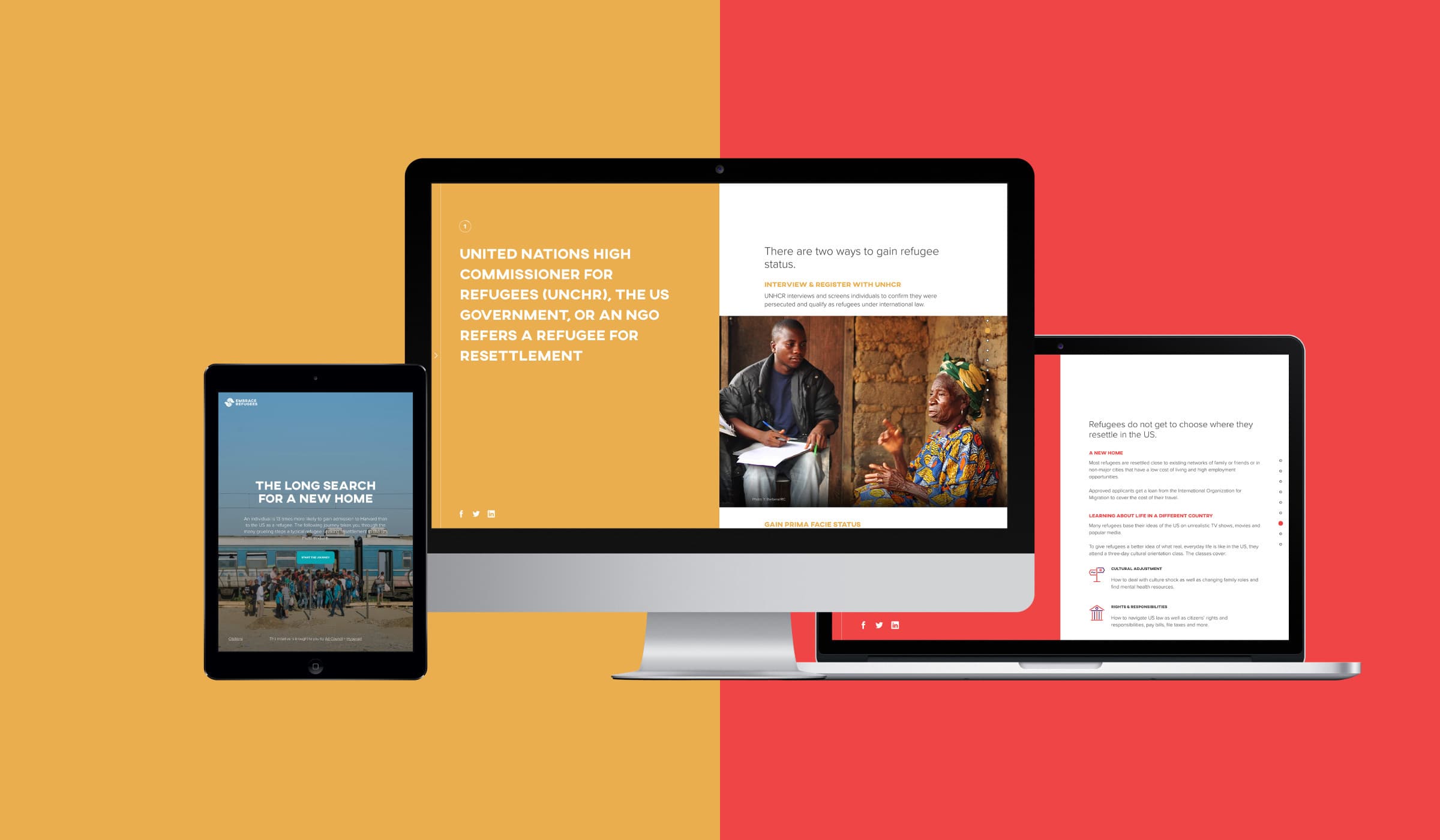 A tablet, desktop monitor, and laptop displaying different web pages on resettlement, refugee rights, and related information. The background is split diagonally with orange on the left and red on the right.