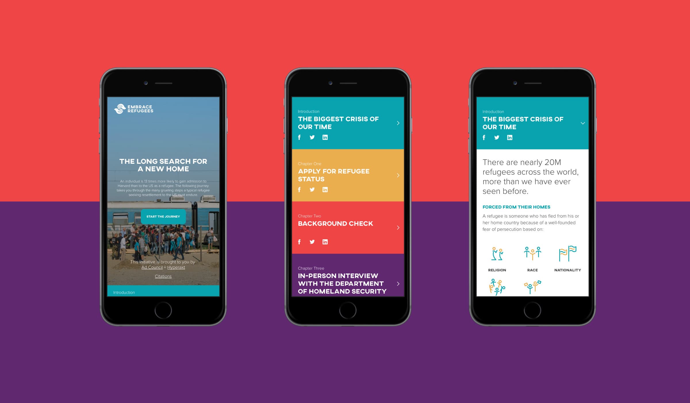 Three smartphones display various screens from a refugee services app against a red and purple background. The screens show information about applying for refugee status, conducting background checks, and statistics about the global refugee crisis.