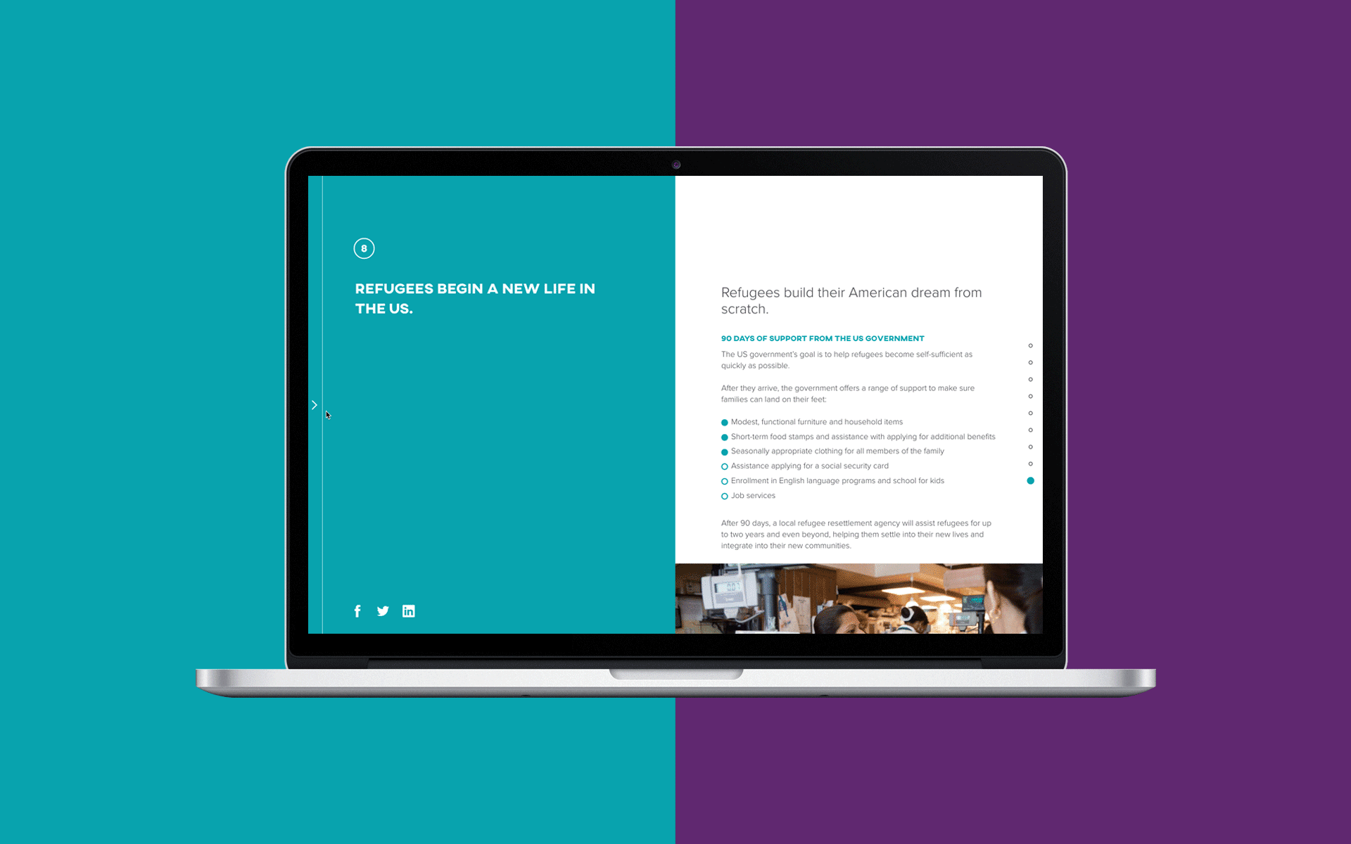 A laptop displaying a webpage split into teal and purple backgrounds. The teal section on the left reads "Refugees begin a new life in the U.S." with social media icons below it. The white section on the right contains text about the support provided to refugees.
