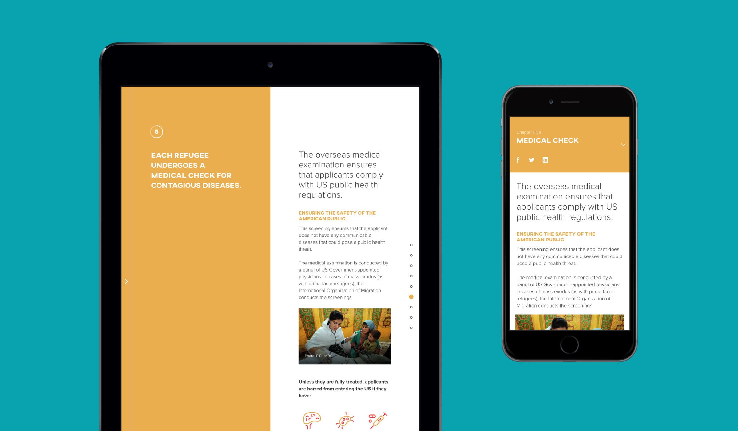 An iPhone and iPad display text about the medical check for contagious diseases each refugee undergoes. The text highlights the importance of complying with US public health regulations and features an image of a medical professional with a refugee.
