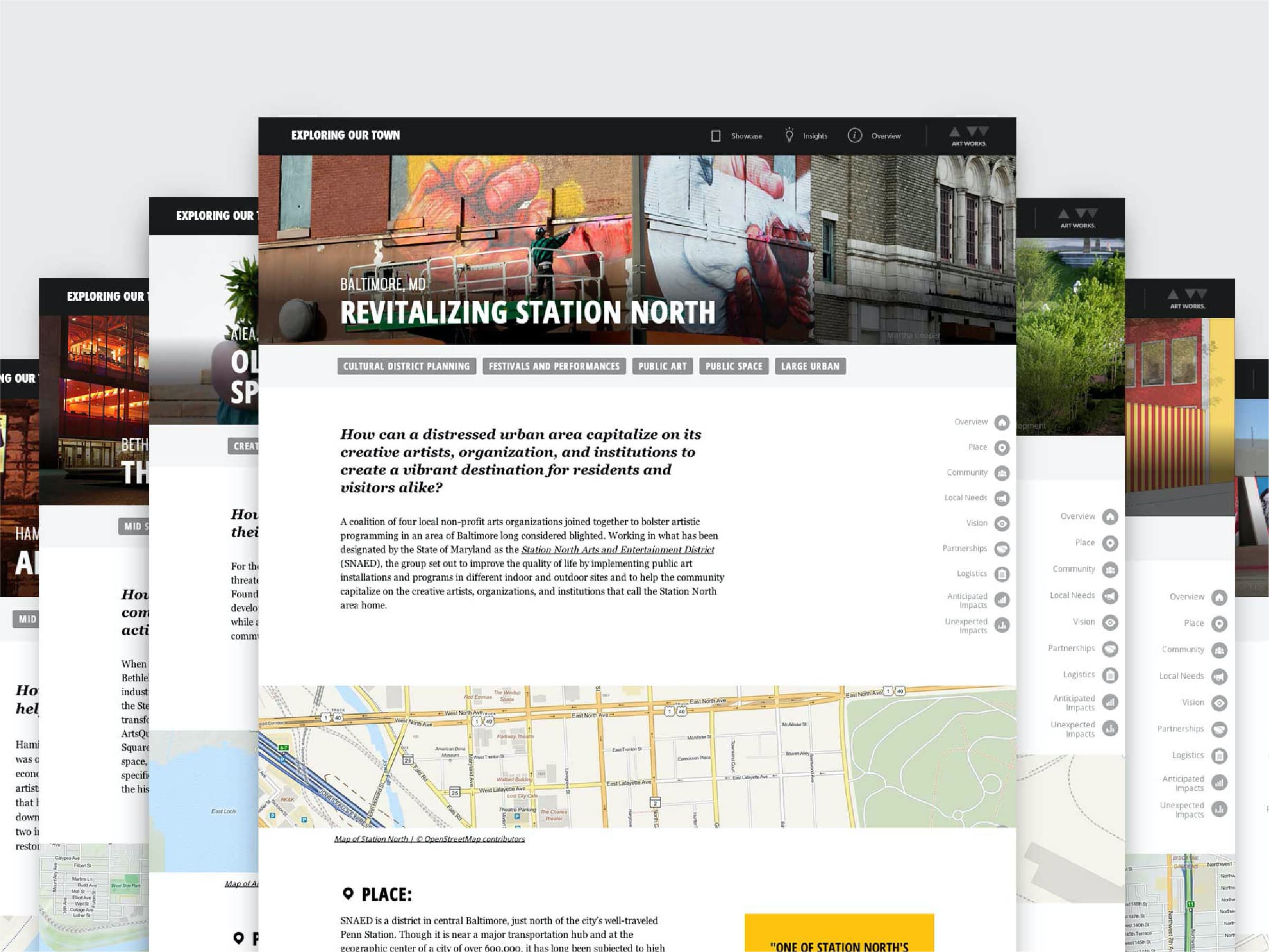 A collage of web pages showcasing various articles and maps about urban revitalization projects. The prominent page titled "Revitalizing Station North" details efforts to transform a distressed urban area into a vibrant destination, featuring images and maps.