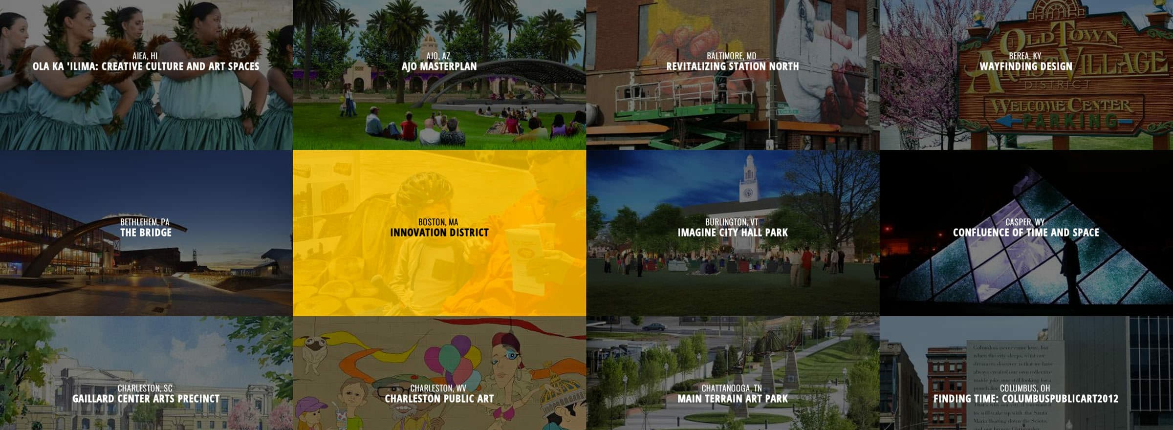 A collage of twelve images each depicting different scenes from various urban locations. These include parks, bridges, public art spaces, community hubs, and cultural districts. Each image has a title superimposed, highlighting different city areas and activities.