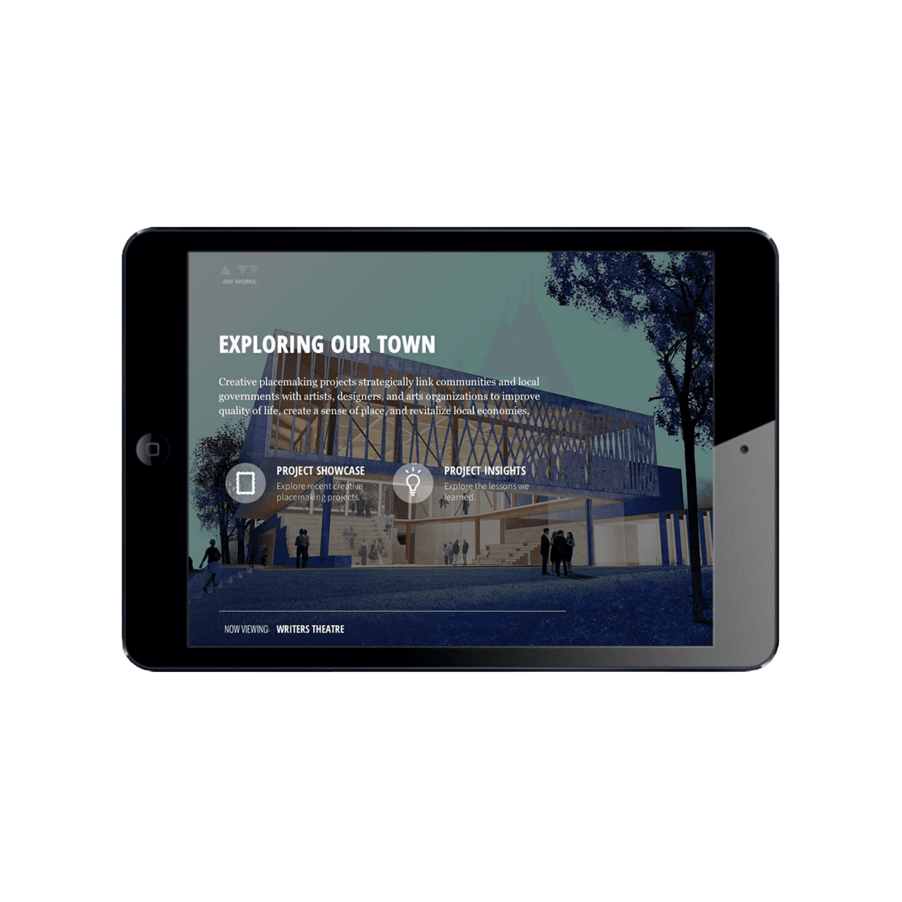 A tablet displaying a webpage titled "Exploring Our Town." The page features an image of a modern building at night with text options for "Project Showcase" and "Project Insights." The website is likely related to a local community project or architectural initiative.