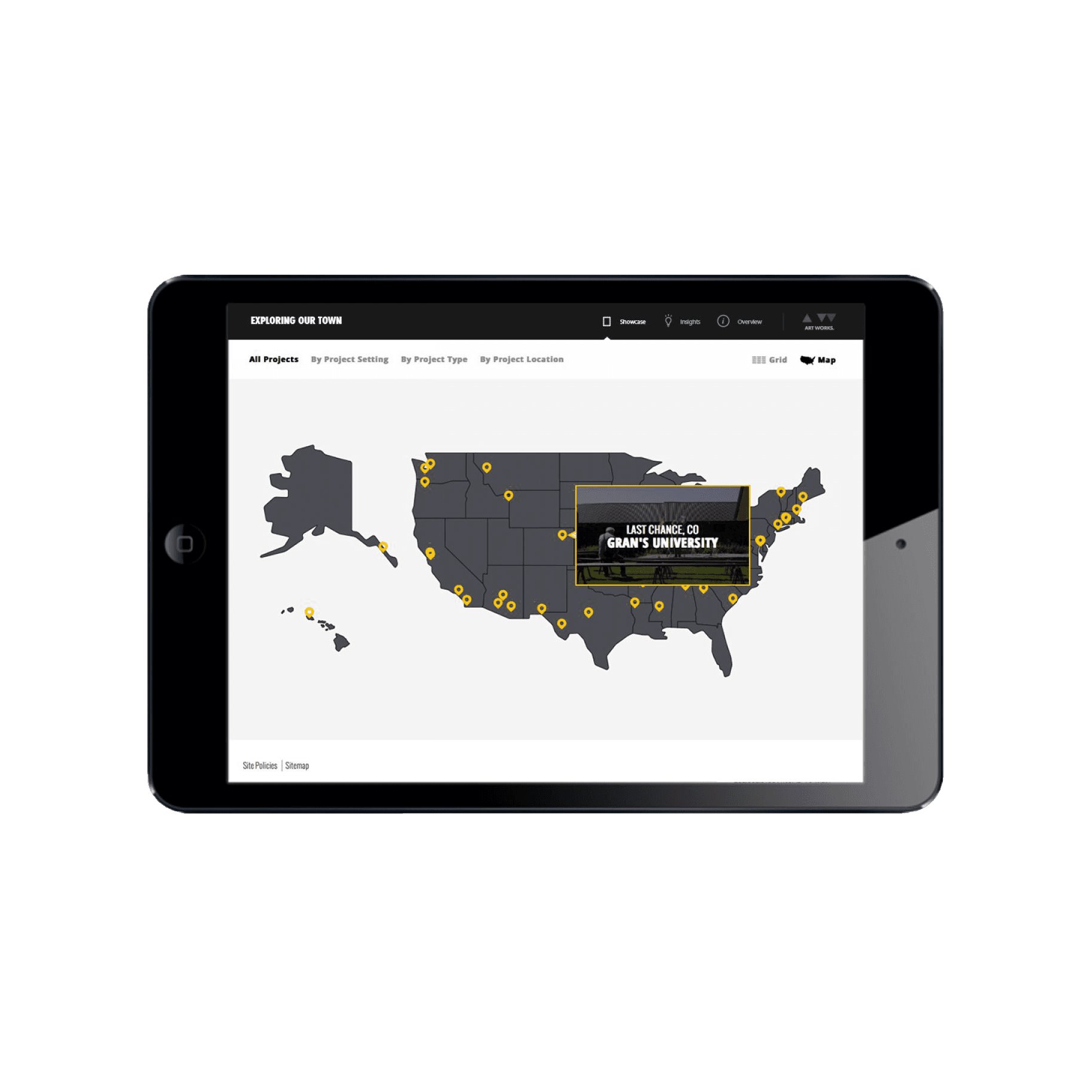 A tablet displays a map of the United States with various yellow dots pinpointing locations. A highlighted location in the Midwest lists "Glass Going Green, Glass University." Tabs at the top indicate filter options for project settings, types, and locations.