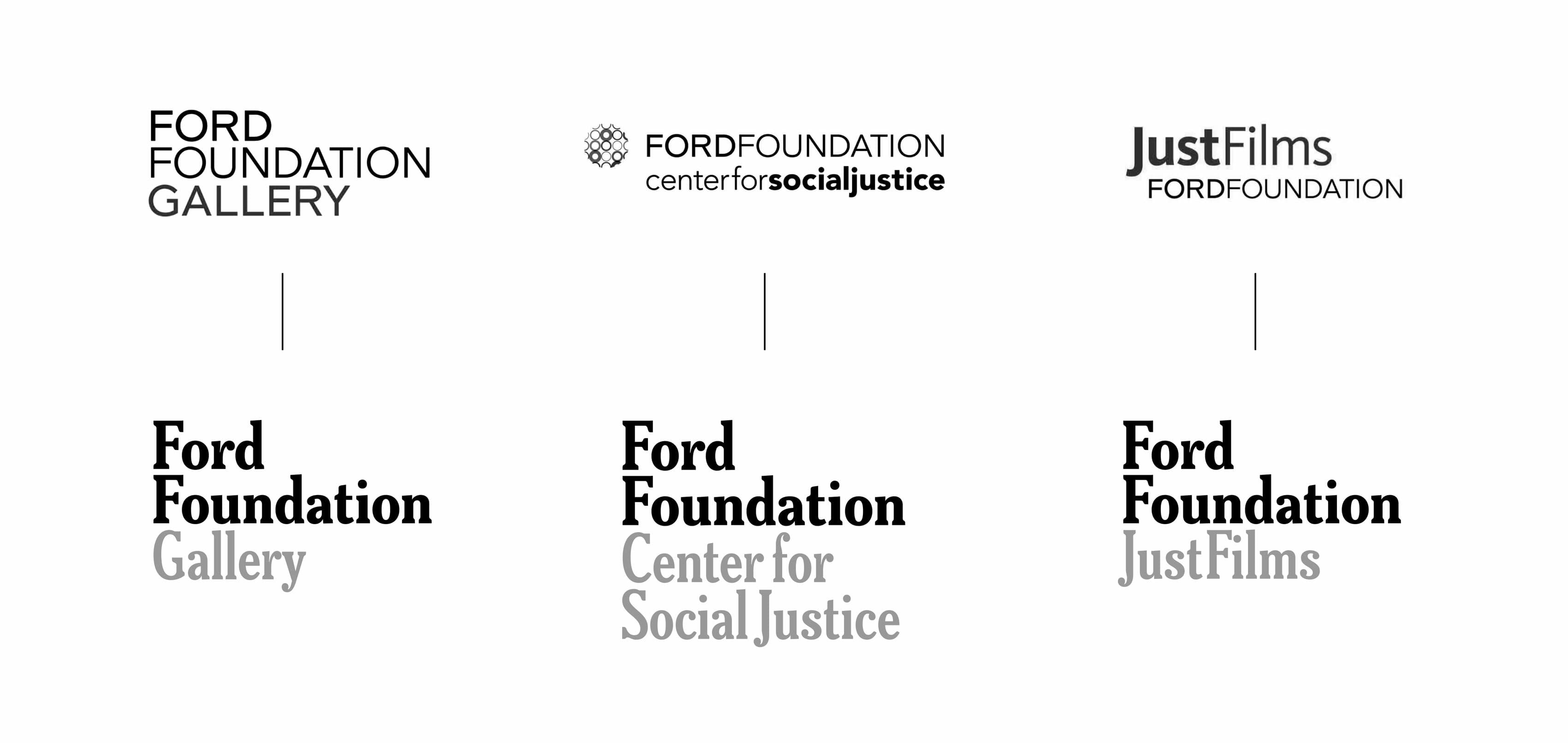 Three logos for various Ford Foundation initiatives. The first reads "Ford Foundation Gallery." The second reads "FordFoundation Center for Social Justice." The third reads "JustFilms FordFoundation." Each logo is accompanied by a corresponding visual icon.