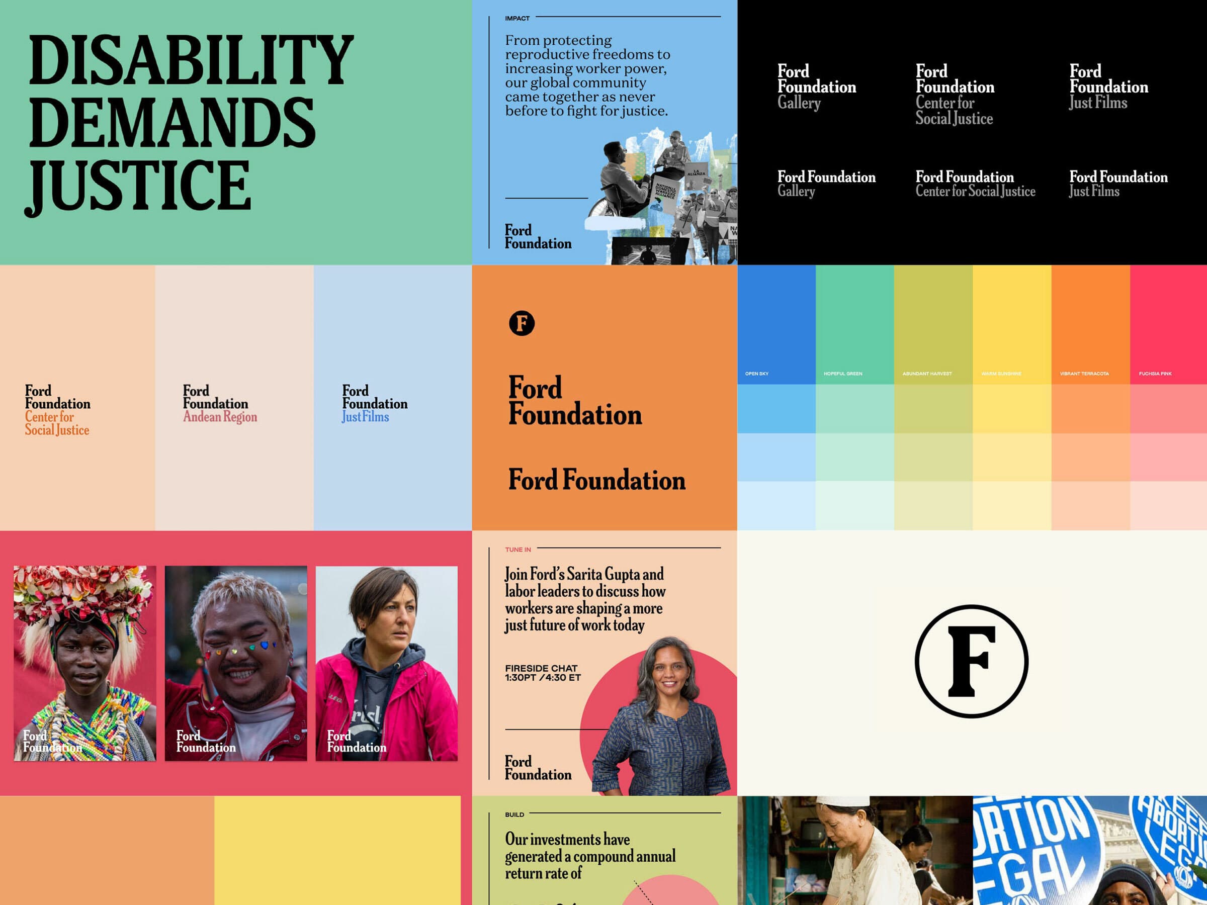 Collage with text "Disability Demands Justice" and various Ford Foundation logos. Includes photos of people, colorful backgrounds, and promotional messages. Example: "Join Ford's Sarita Gupta and labor leaders to discuss how workers are shaping a new future of work today.