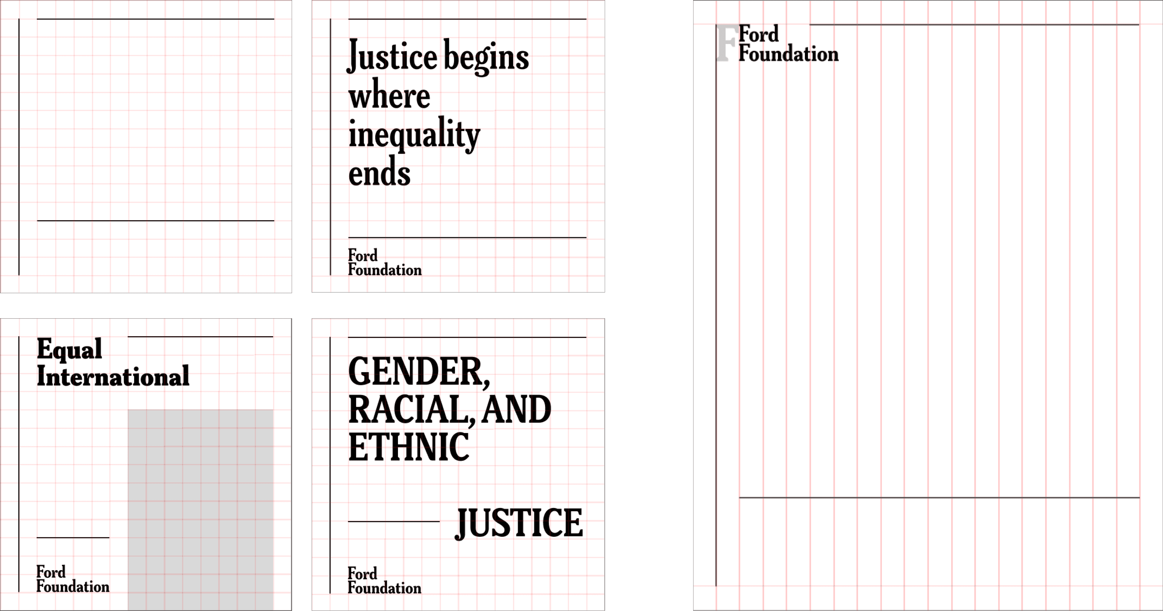 The image shows four rectangular designs with text on grid-like backgrounds. Phrases include "Justice begins where inequality ends," "Equal International," and "Gender, Racial, and Ethnic Justice." Each design features the Ford Foundation logo.