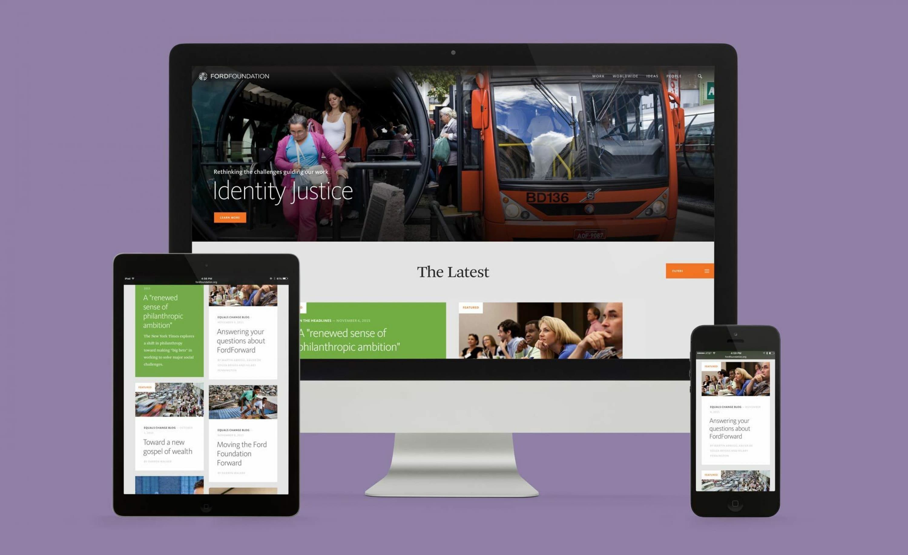 A desktop monitor, tablet, and smartphone display a website with the headline "Identity Justice." The main image shows people boarding a bus. The site appears to feature news and articles about social issues. The background is a muted purple color.