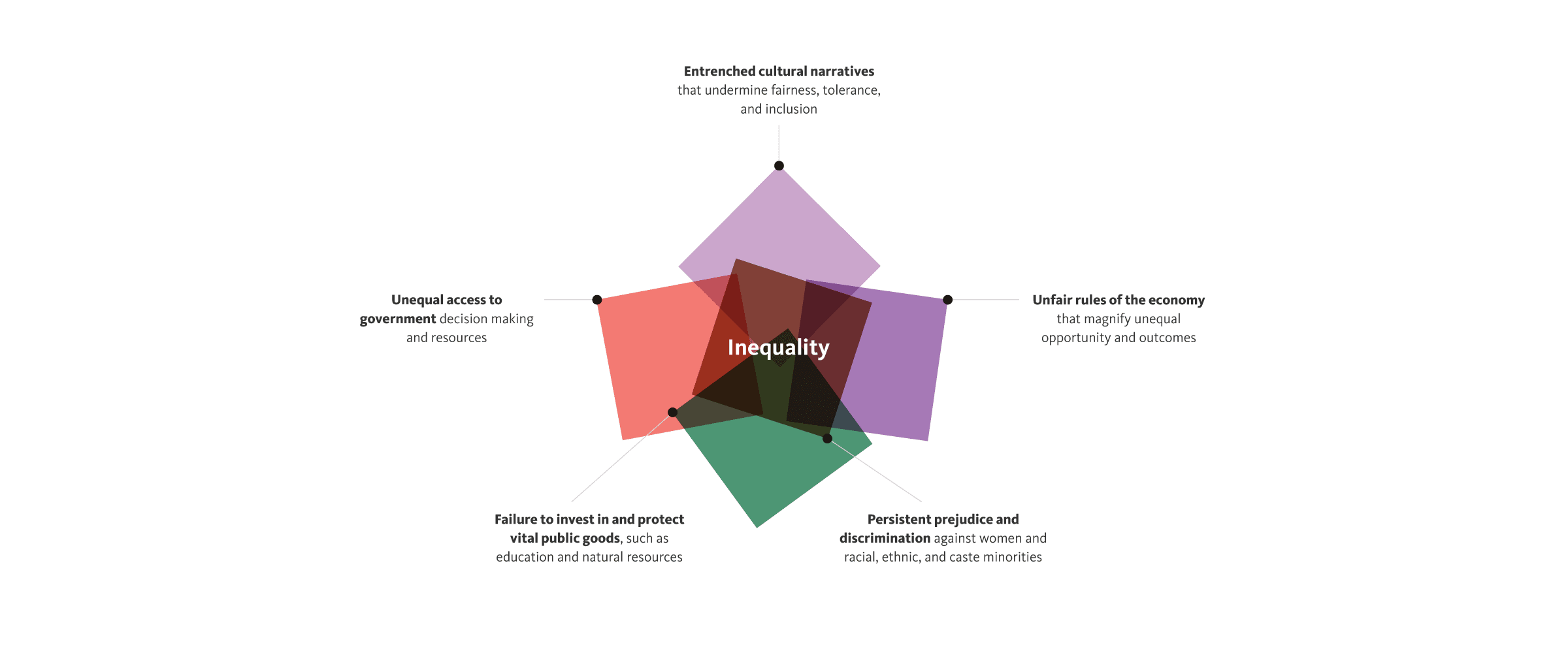 A pentagonal diagram titled "Inequality" at the center. Each vertex highlights a cause: "Embedded cultural narratives," "Unfair rules of the economy," "Persistent prejudice and discrimination," "Failure to invest in and protect vital public goods," and "Unequal access to government.