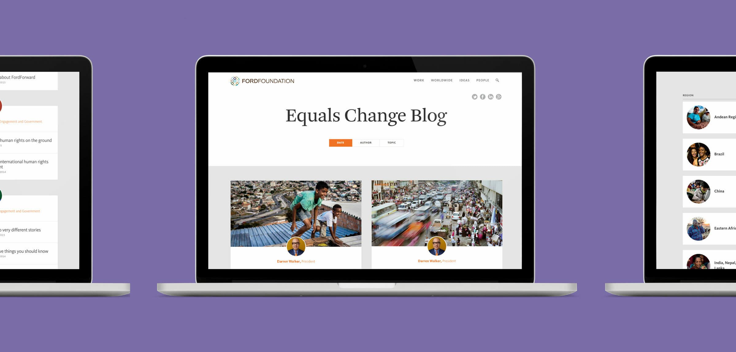 A laptop showing the "Equals Change Blog" webpage with a purple background. The website header has the logo and navigation links. The main content area displays two articles with images and author names. Two additional laptops with partial displays are on either side.