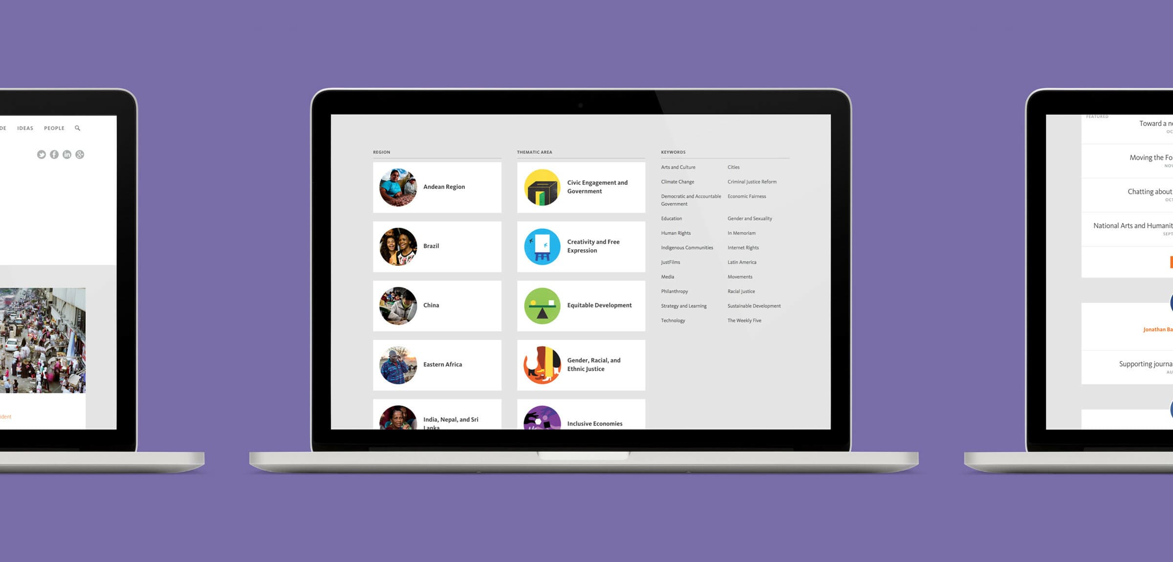 Three laptops are arranged side by side. The central laptop displays a website with various icons and a menu that includes links to different topics or categories. The screen of the left and right laptops is partially shown. The background is a purple color.